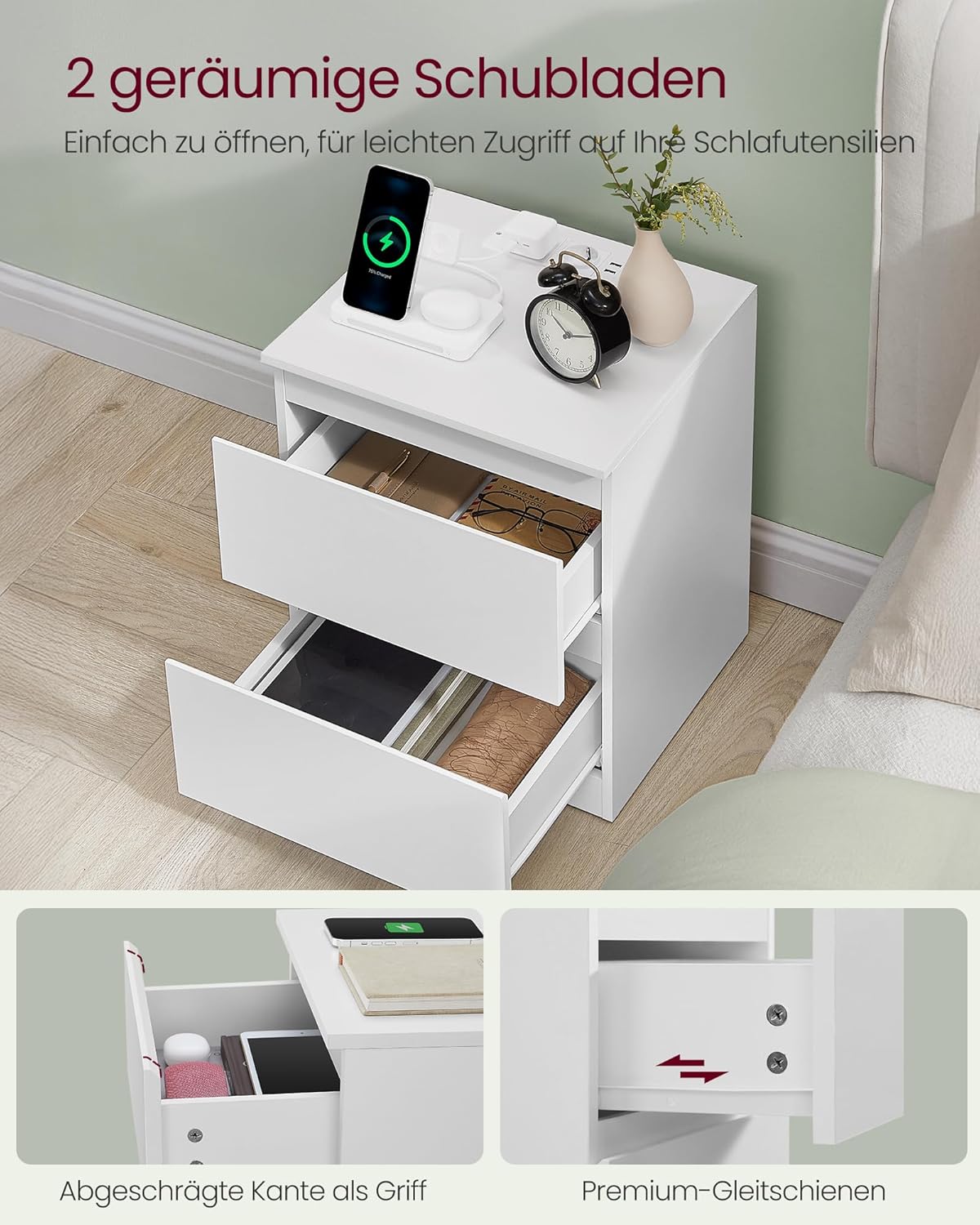 Noćni ormarić s ugrađenom utičnicom, set od 2 komada, oblačno bijela