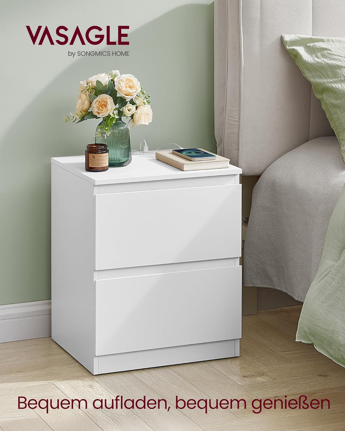 Noćni ormarić s ugrađenom utičnicom, set od 2 komada, oblačno bijela