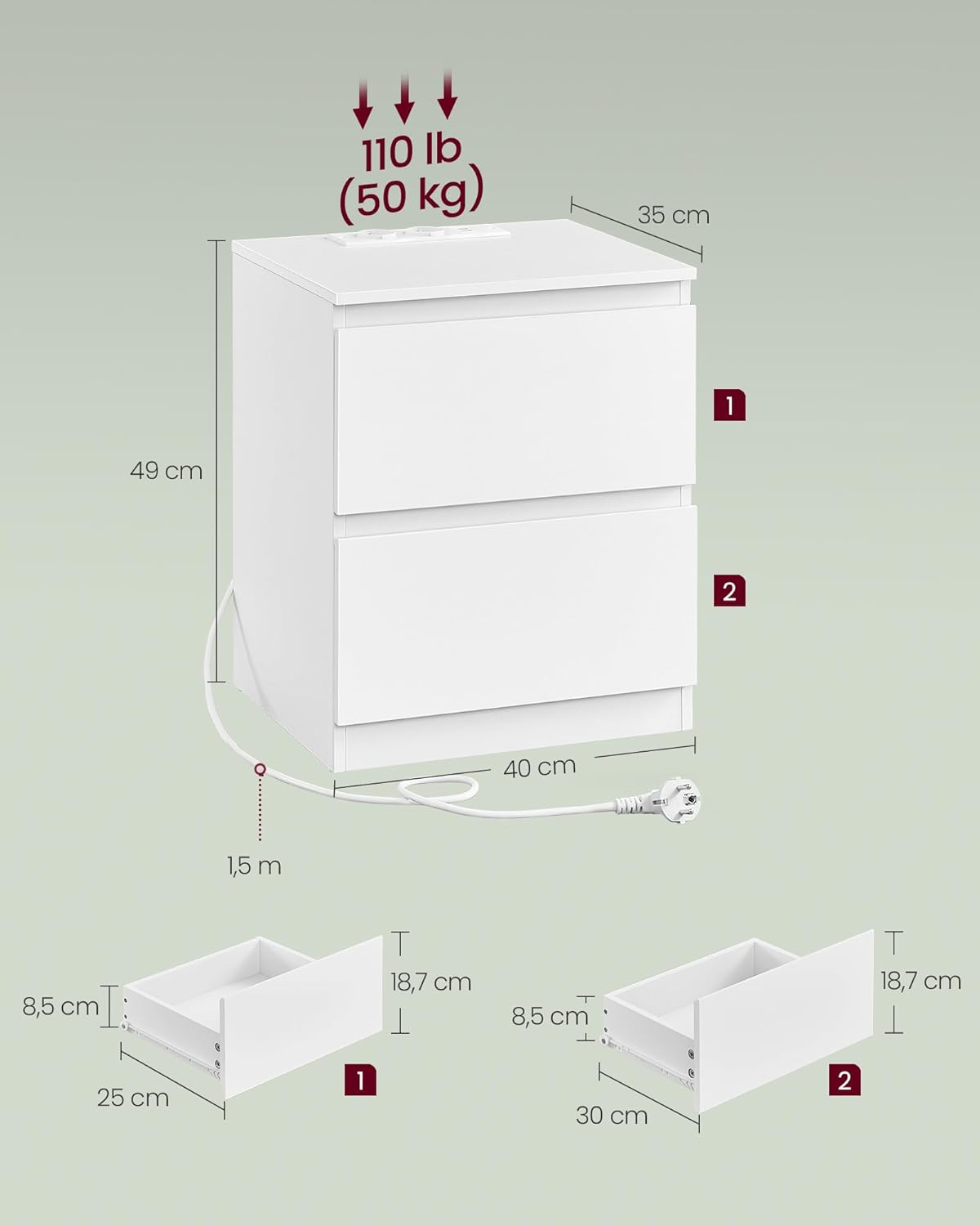 Noćni ormarić s ugrađenom utičnicom, set od 2 komada, oblačno bijela
