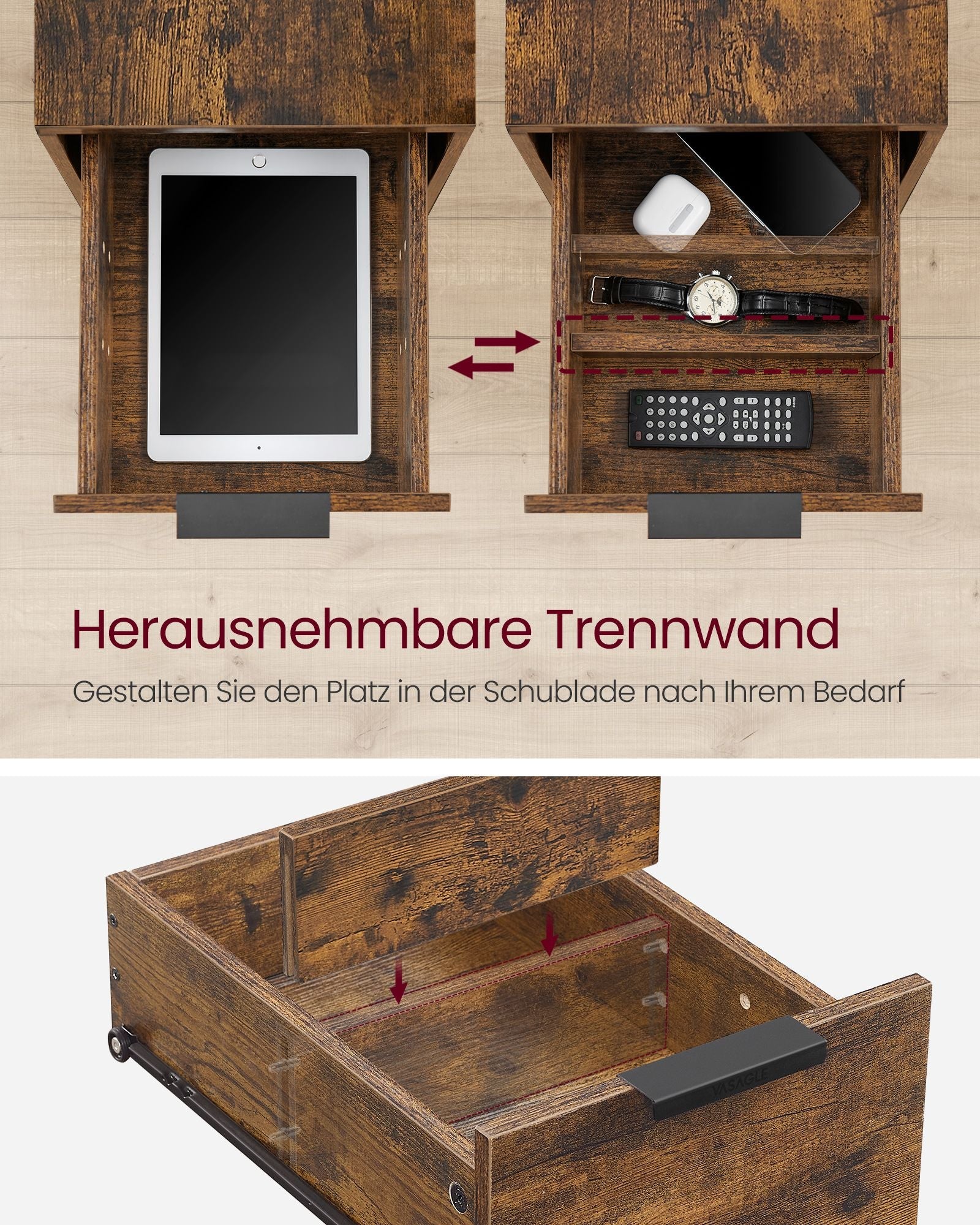 Noćni ormarić s utičnicama, 60 x 35 x 61 cm, smeđe-crni | VASAGLE-VASAGLE-Vita Home