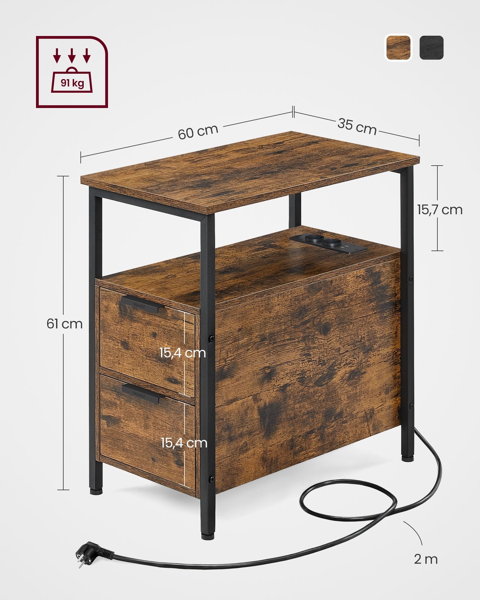 Noćni ormarić s utičnicama, 60 x 35 x 61 cm, smeđe-crni | VASAGLE-VASAGLE-Vita Home