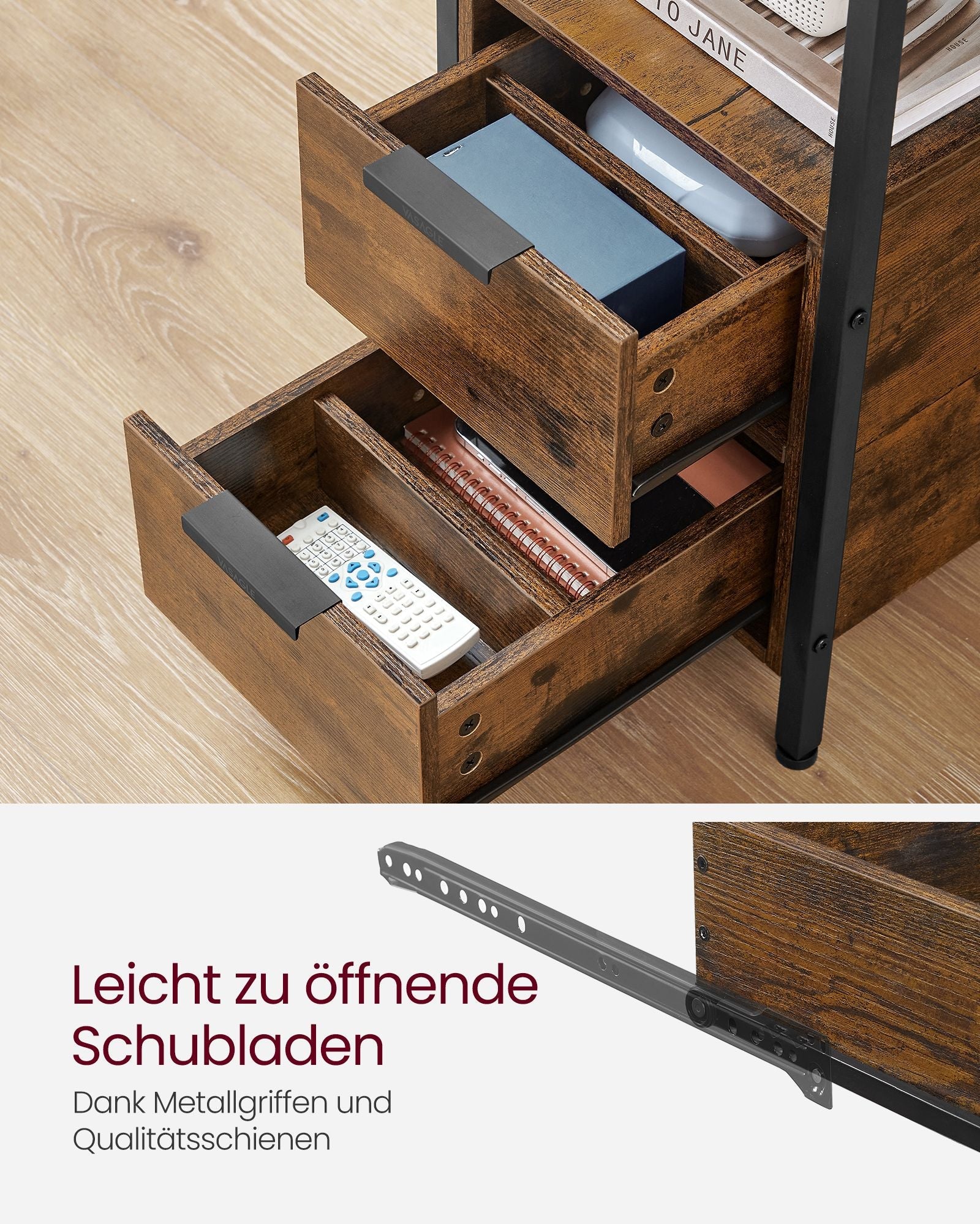 Noćni ormarić s utičnicama, 60 x 35 x 61 cm, smeđe-crni | VASAGLE-VASAGLE-Vita Home