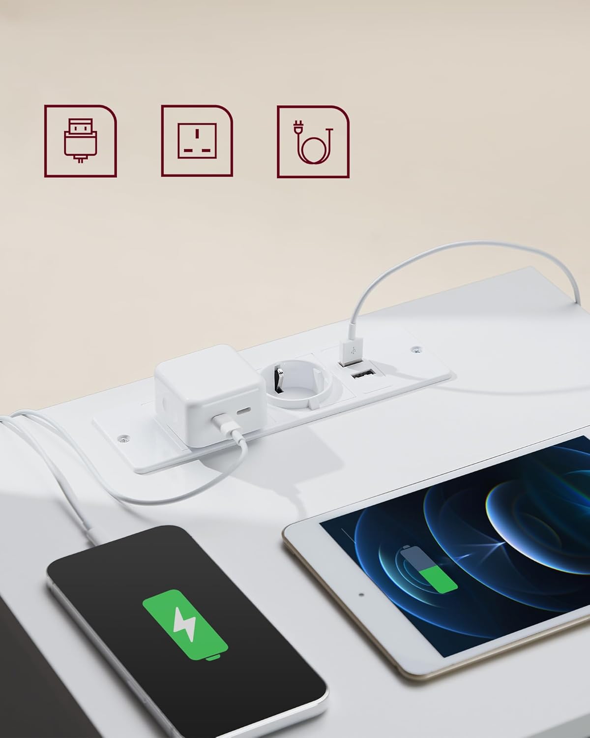 Noćni ormarić set od 2 komada, s 2 utičnice i 2 USB porta, bijeli