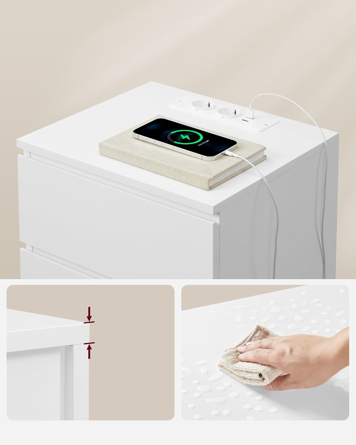 Noćni ormarić set od 2 komada, s 2 utičnice i 2 USB porta, bijeli