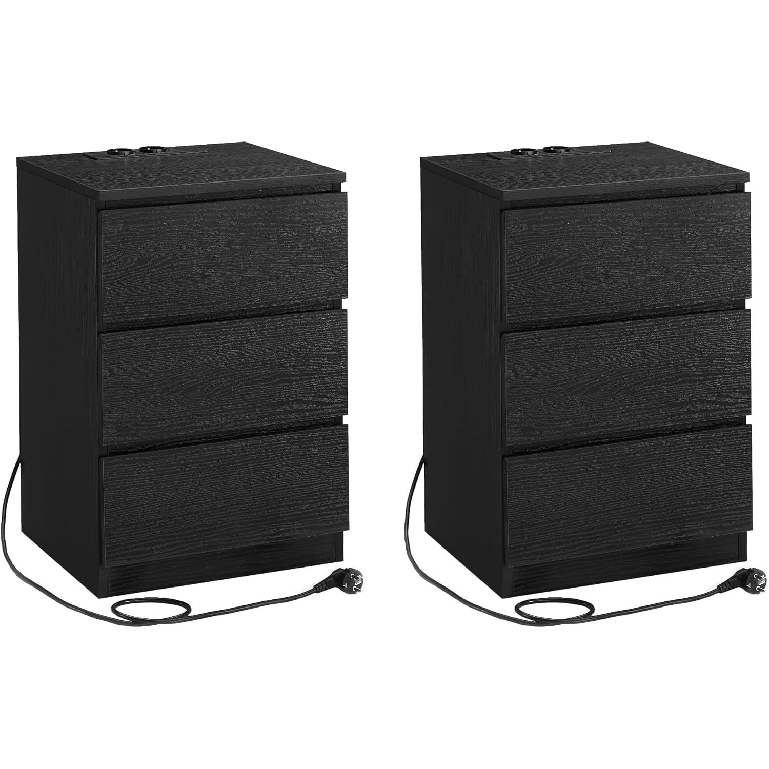 Noćni ormarić set od 2 komada, s 2 utičnice i 2 USB porta, crni