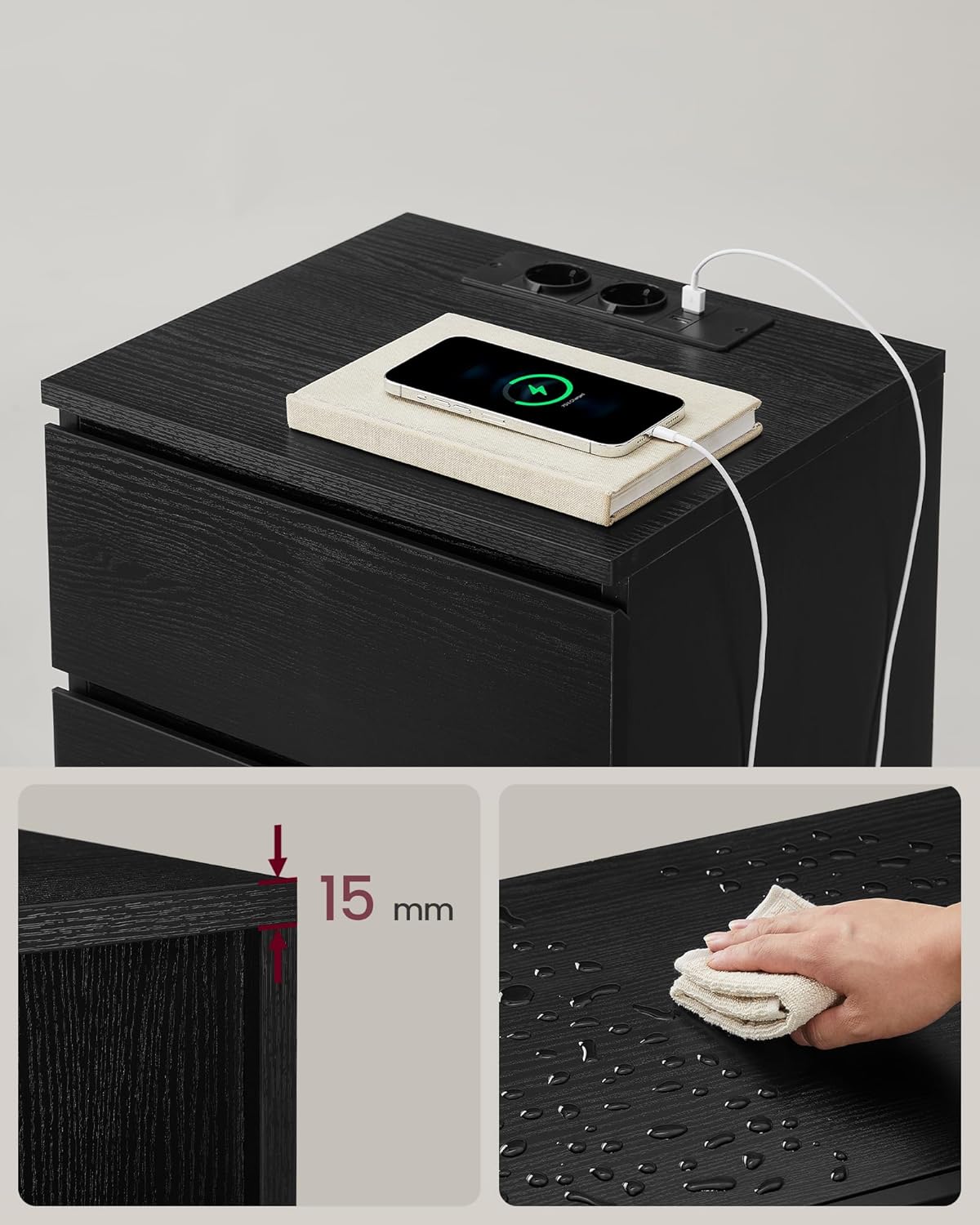 Noćni ormarić set od 2 komada, s 2 utičnice i 2 USB porta, crni