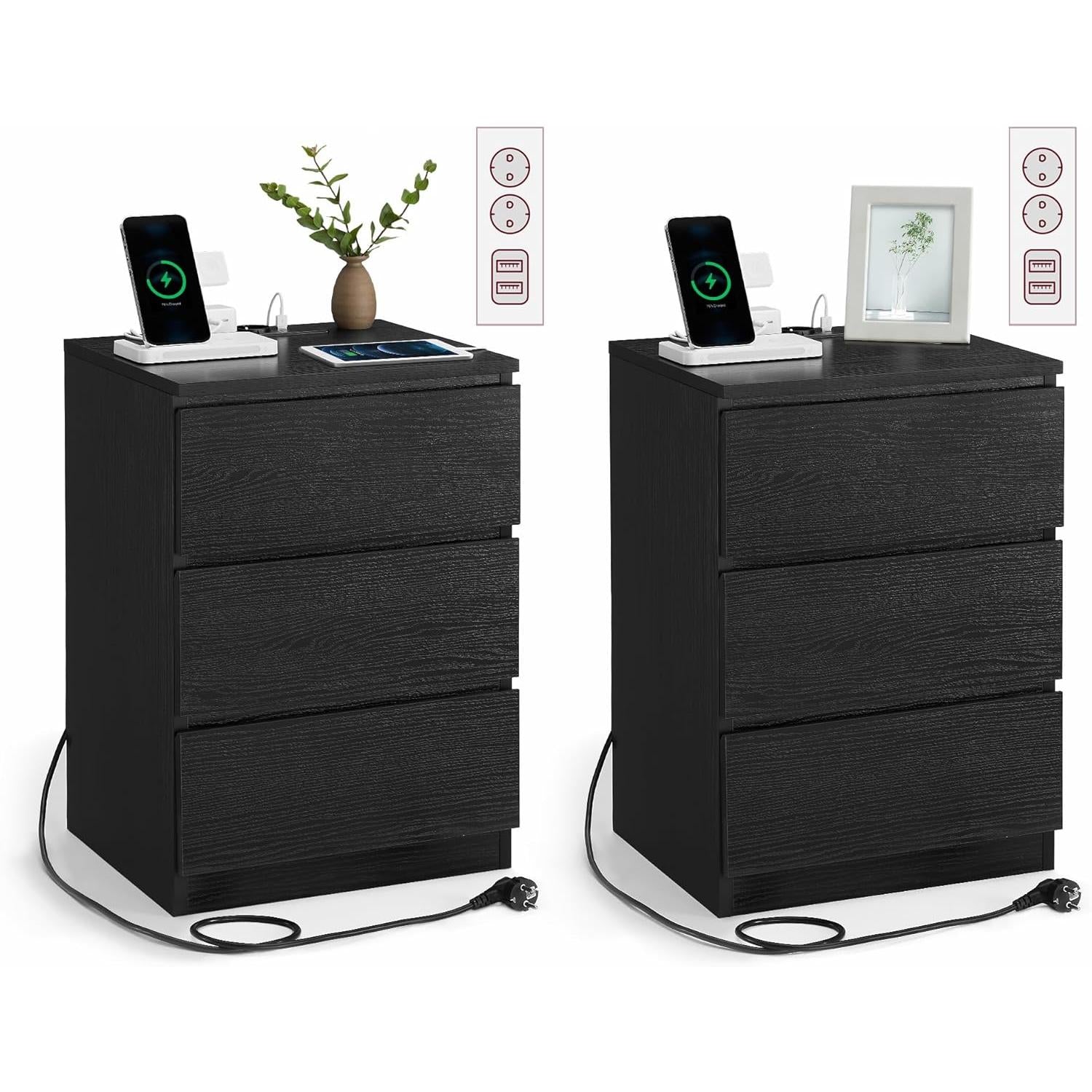 Noćni ormarić set od 2 komada, s 2 utičnice i 2 USB porta, crni