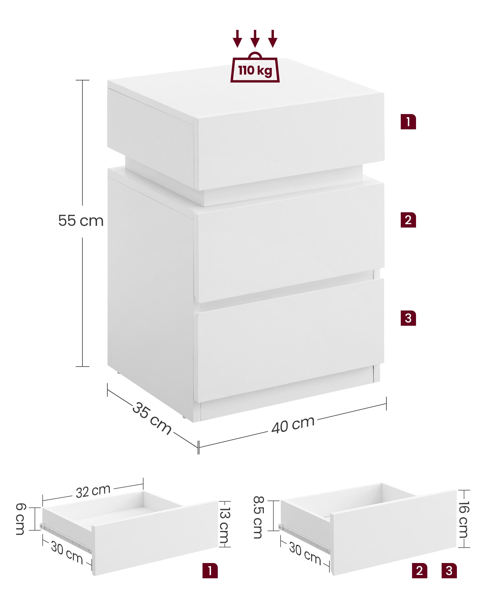 Noćni ormarić set od 2 komada, s LED rasvjetom, 35×40×55 cm, oblačno bijela