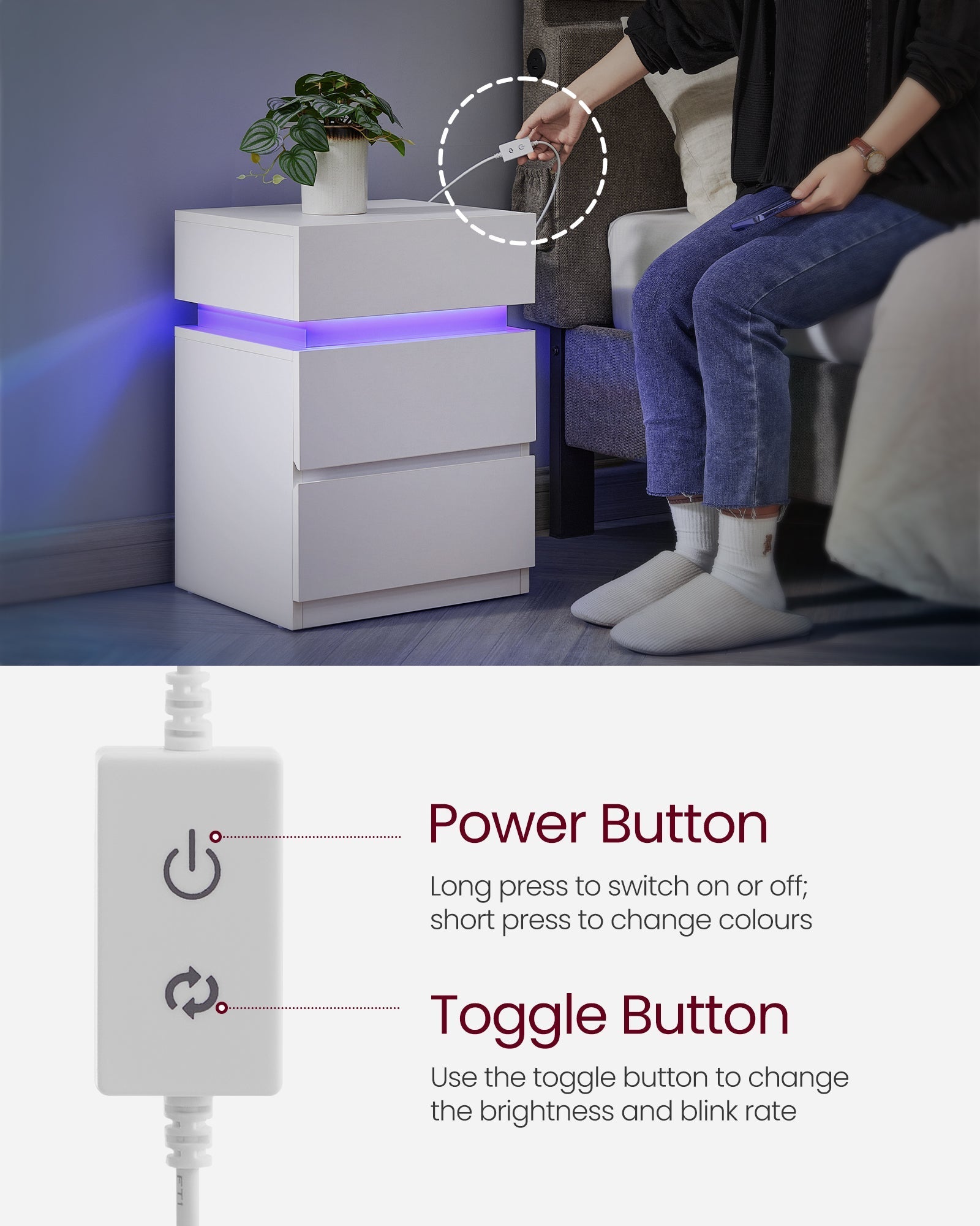 Noćni ormarić set od 2 komada, s LED rasvjetom, 35×40×55 cm, oblačno bijela