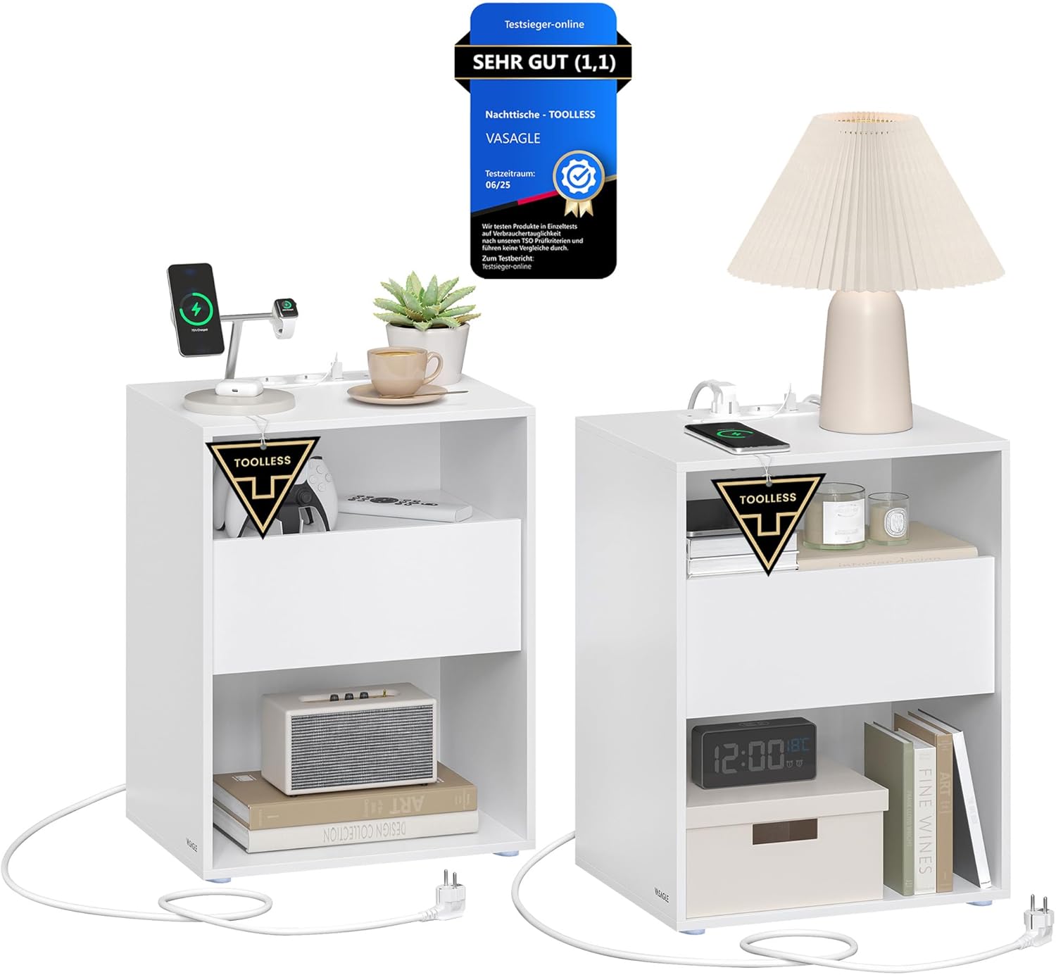 Noćni ormarić set od 2 komada s ugrađenom funkcijom punjenja, mat bijeli