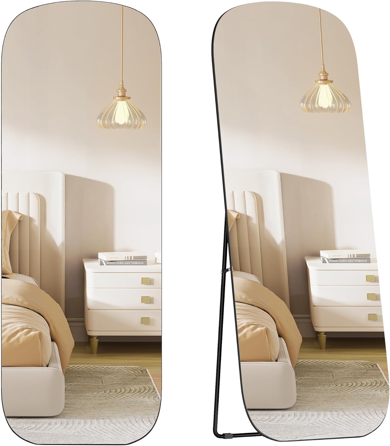 Ogledalo pune dužine, samostojeće ogledalo sa zaobljenim kutovima, crno