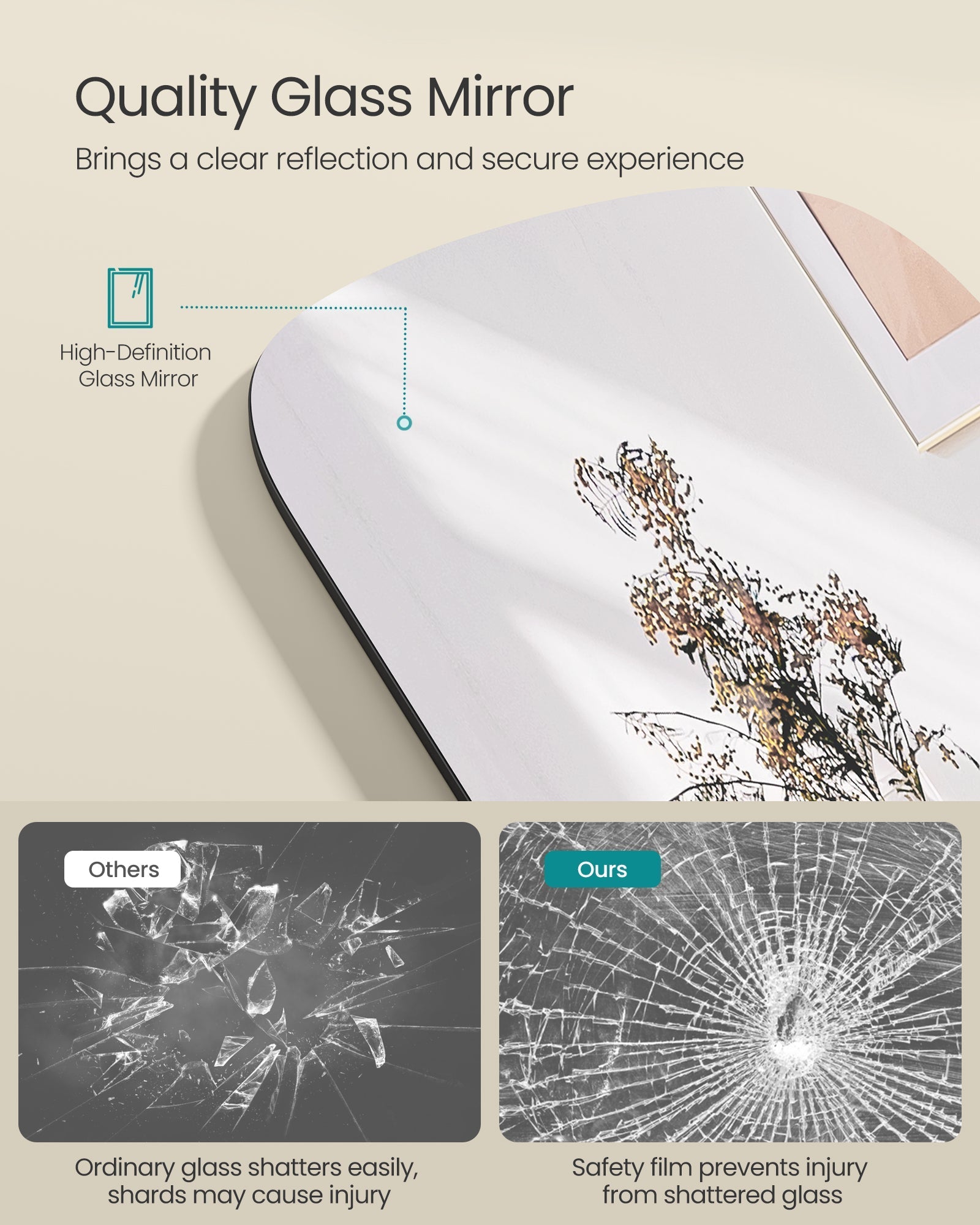 Ogledalo pune dužine, samostojeće ogledalo sa zaobljenim kutovima, crno