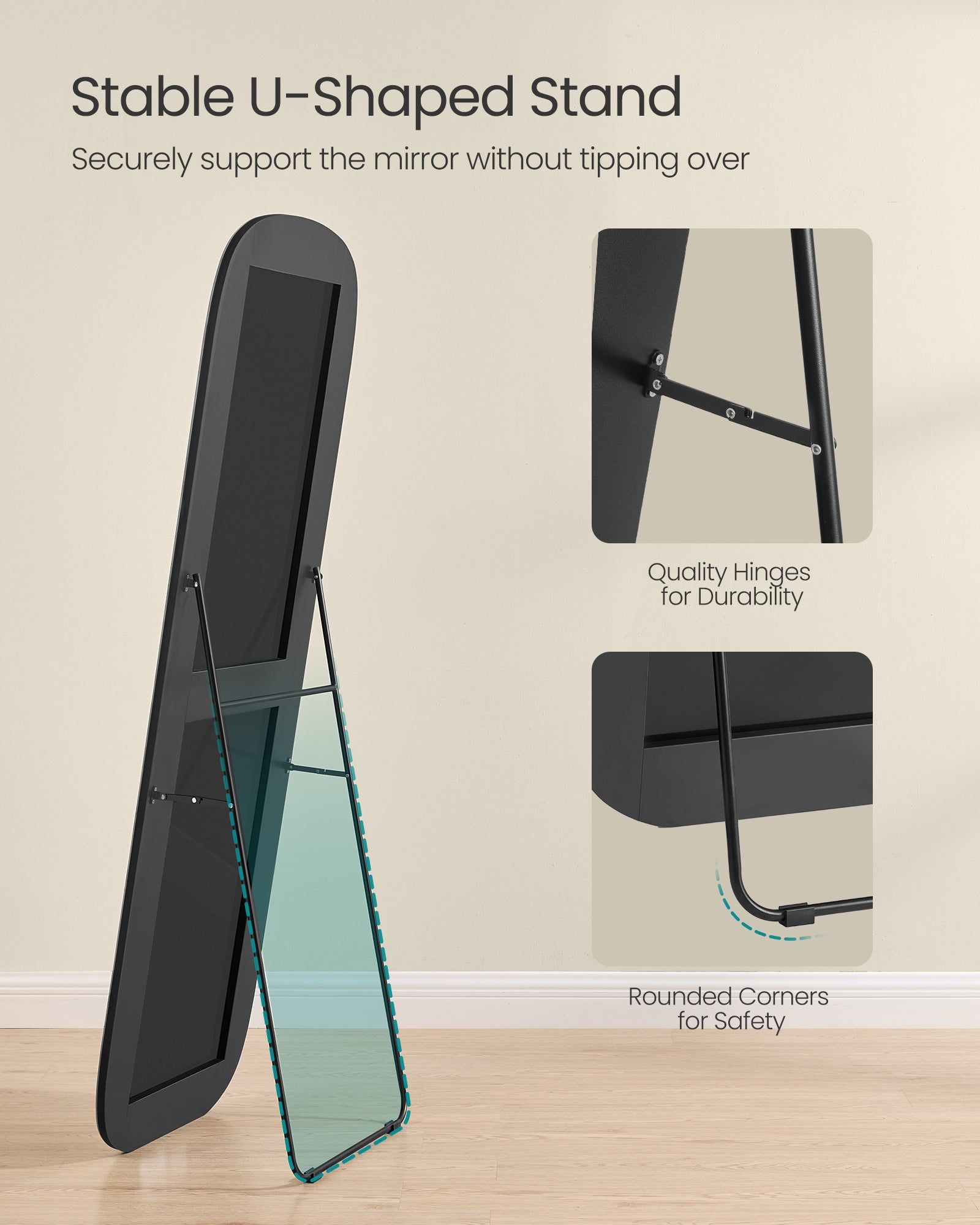 Ogledalo pune dužine, samostojeće ogledalo sa zaobljenim kutovima, crno