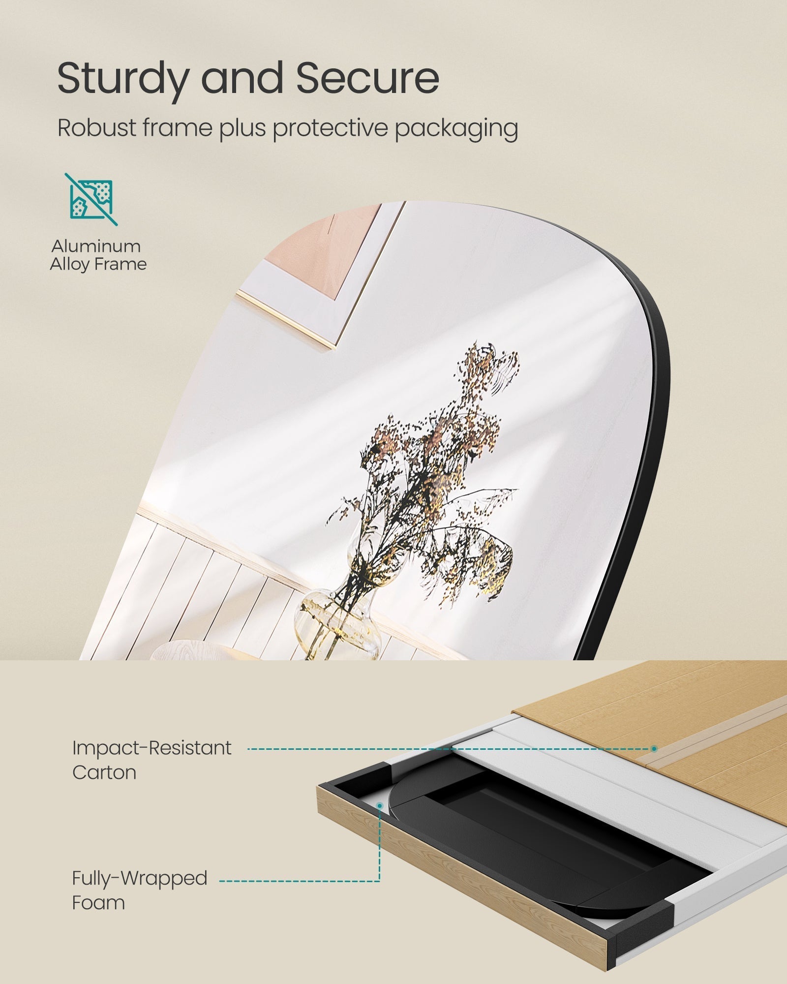 Ogledalo pune dužine, samostojeće ogledalo sa zaobljenim kutovima, crno