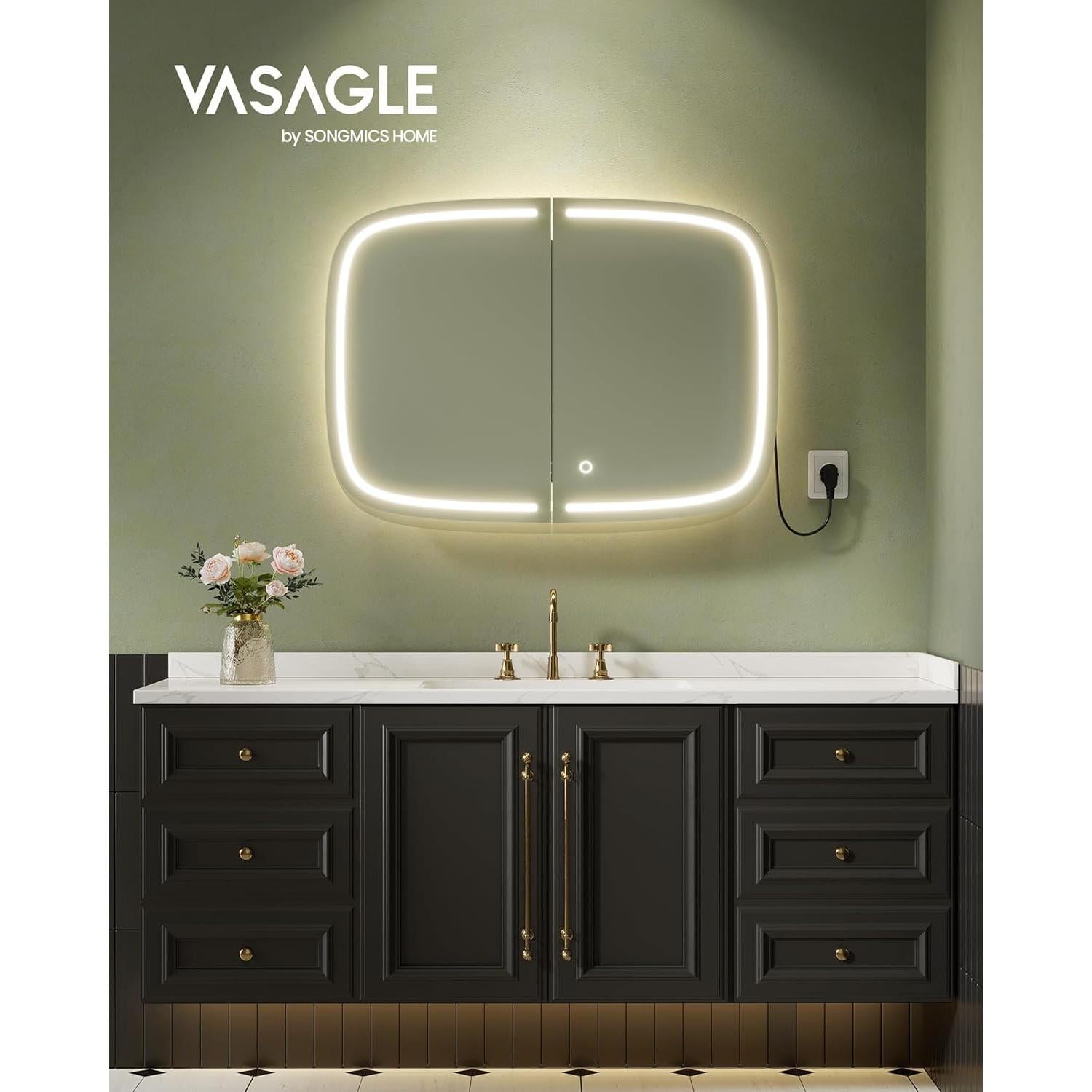 Ogledalo s ormarićem i rasvjetom, 13,5 x 80 x 59,6 cm, crne boje | VASAGLE-vitahome.hr