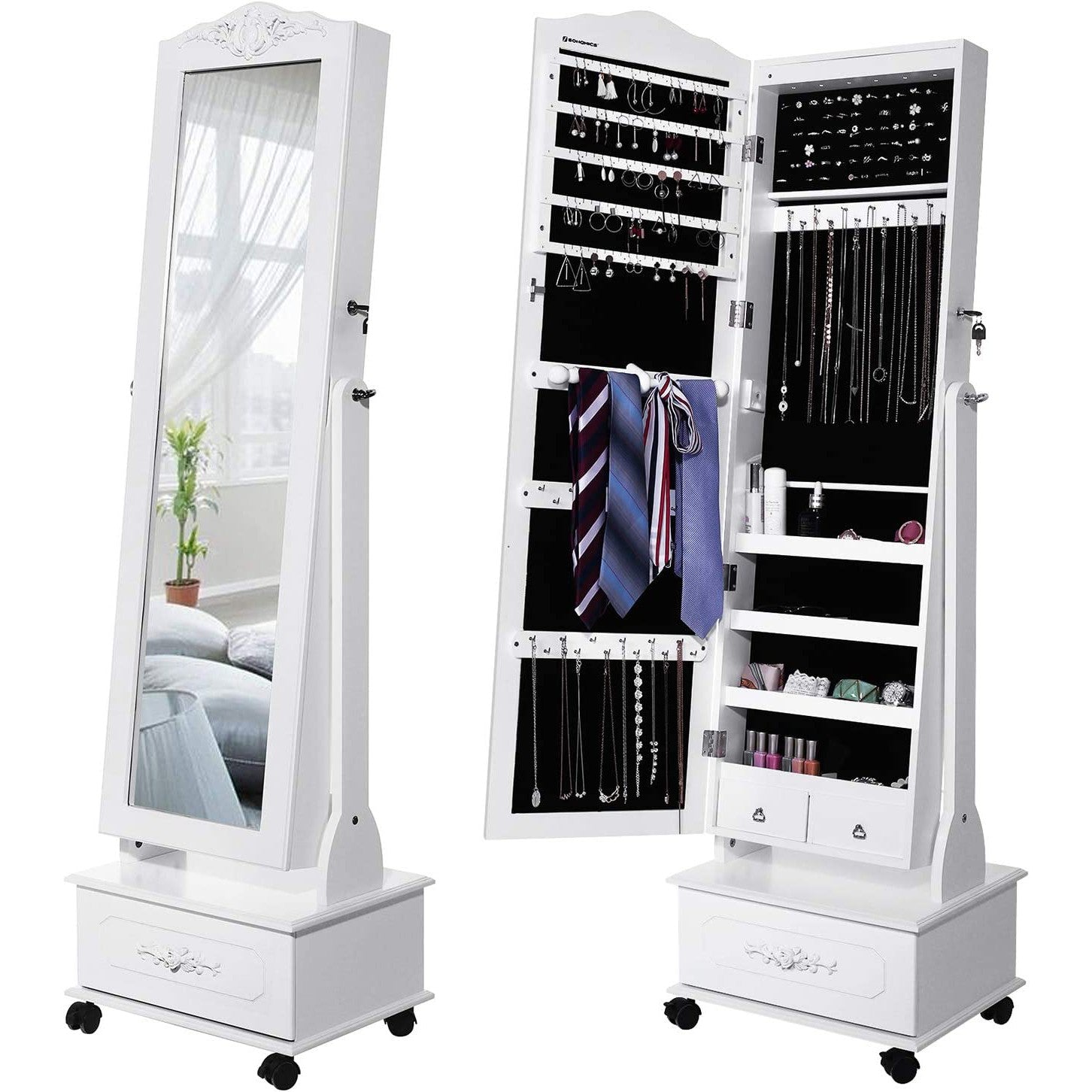 Ogledalo za nakit s kotačićima i LED rasvjetom, na zaključavanje, bijelo | SONGMICS-vitahome.hr