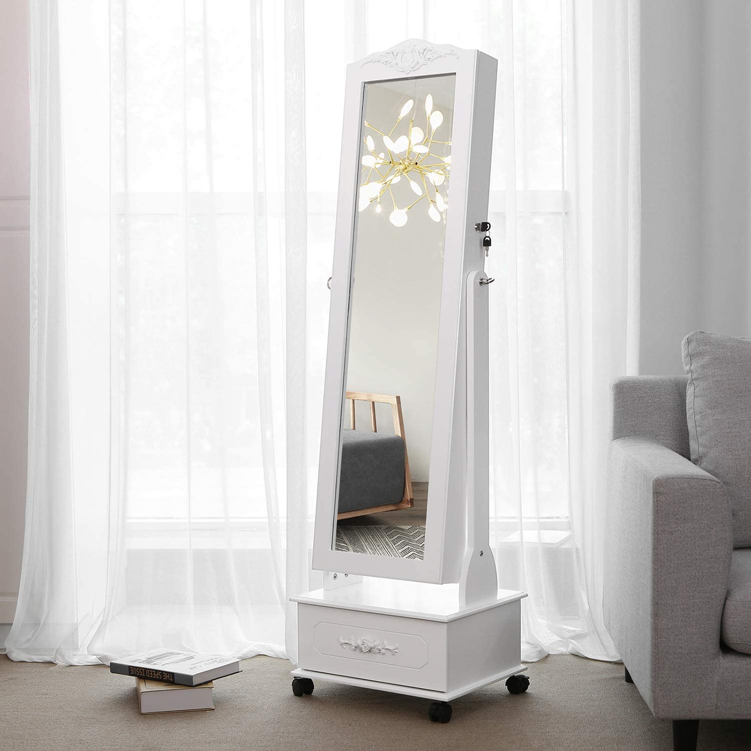 Ogledalo za nakit s kotačićima i LED rasvjetom, na zaključavanje, bijelo | SONGMICS-vitahome.hr