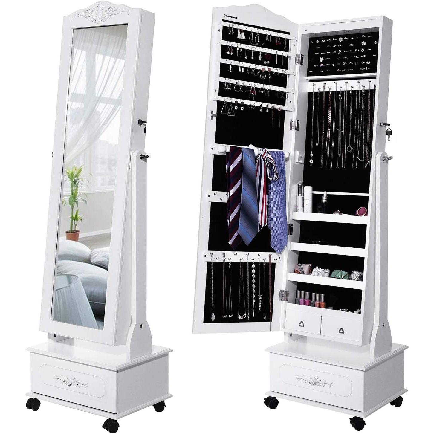 Ogledalo za nakit s kotačićima i LED rasvjetom, na zaključavanje, bijelo | SONGMICS-vitahome.hr