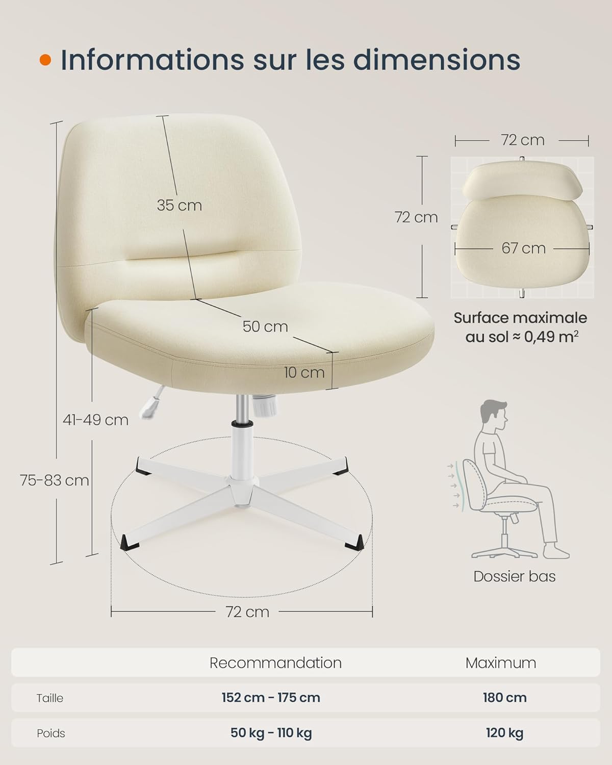 Okretna stolica bez naslona za ruke s širokim sjedalom, krem bijela | SONGMICS-vitahome.hr