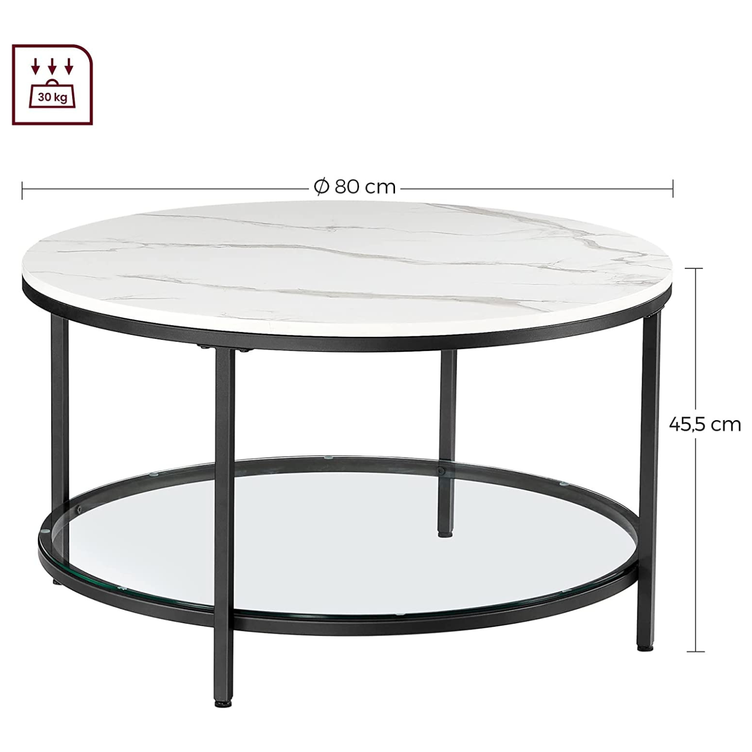 Okrugli stol za kavu s efektom mramora, 80 x 44,5 cm, bijela i crna | VASAGLE-vitahome.hr