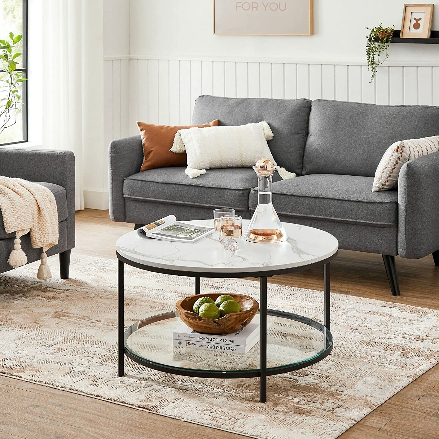 Okrugli stol za kavu s efektom mramora, 80 x 44,5 cm, bijela i crna | VASAGLE-vitahome.hr