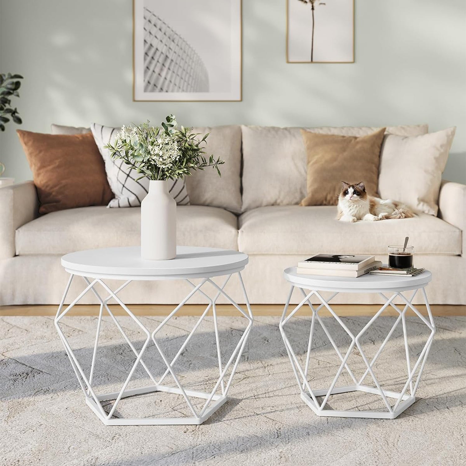 Okrugli stolići za kavu, set od 2 pomoćna stolića, bijele boje | VASAGLE-vitahome.hr
