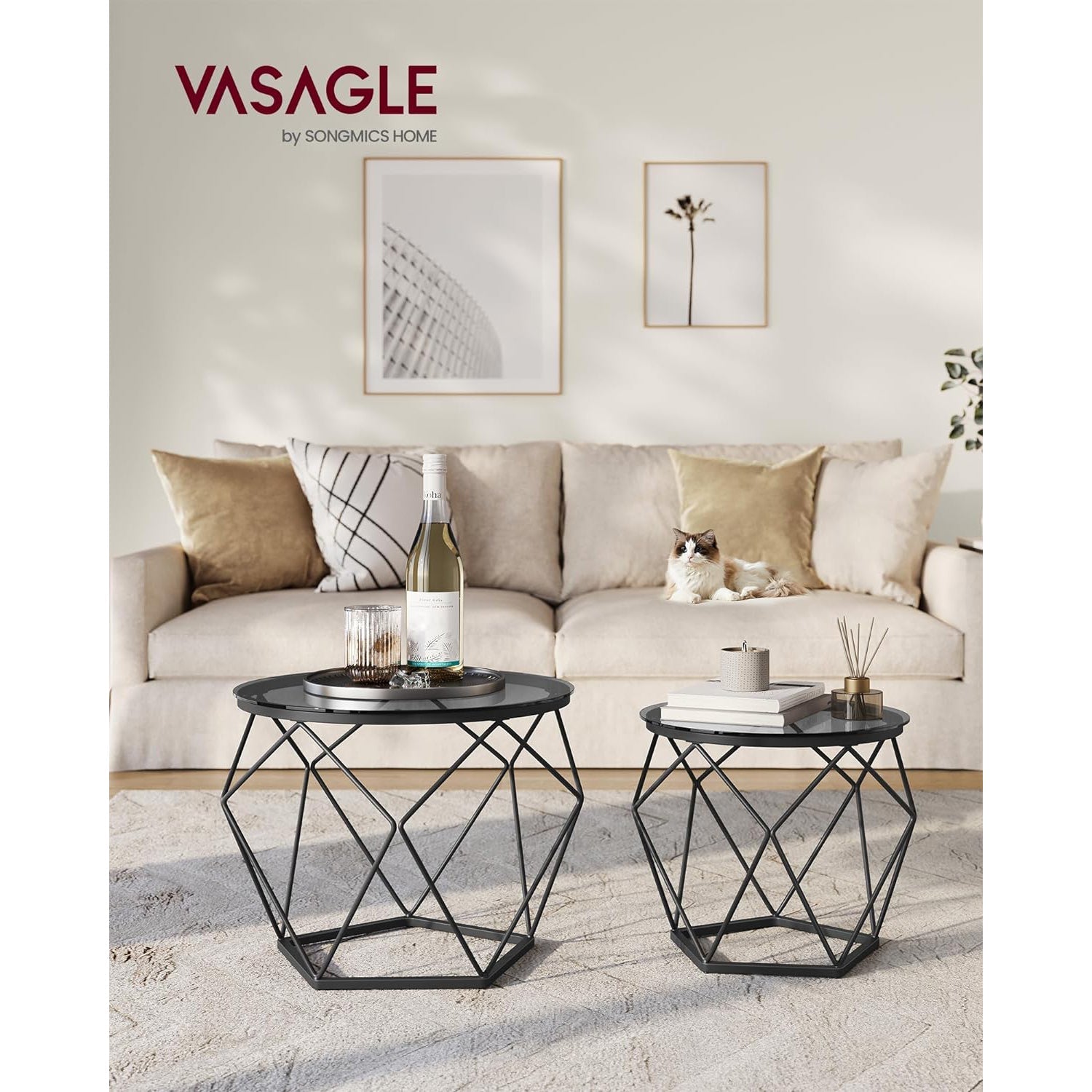 Okrugli stolići za kavu, set od 2 pomoćna stolića, crno-sive boje | VASAGLE-vitahome.hr