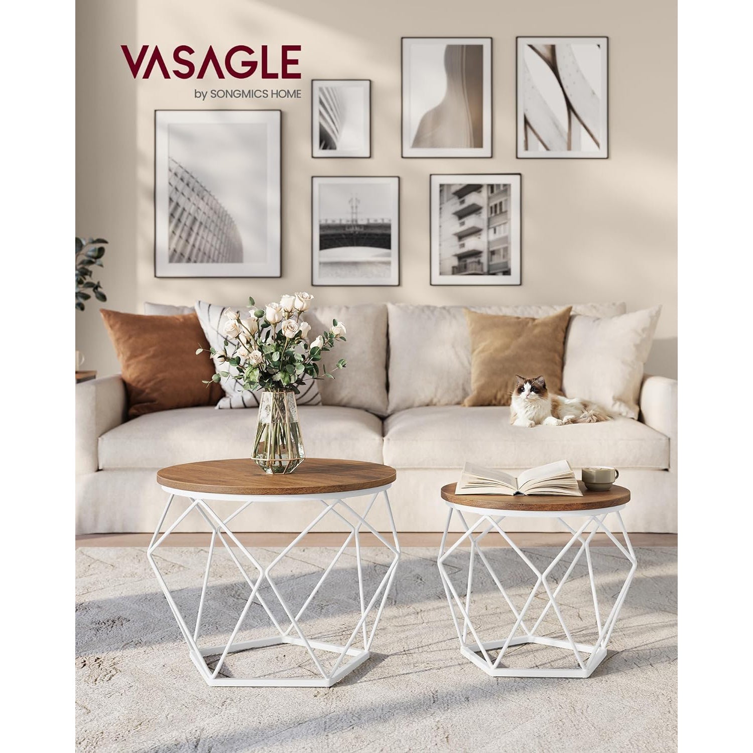 Okrugli stolići za kavu, set od 2 pomoćna stolića, med smeđa i bijela | VASAGLE-vitahome.hr
