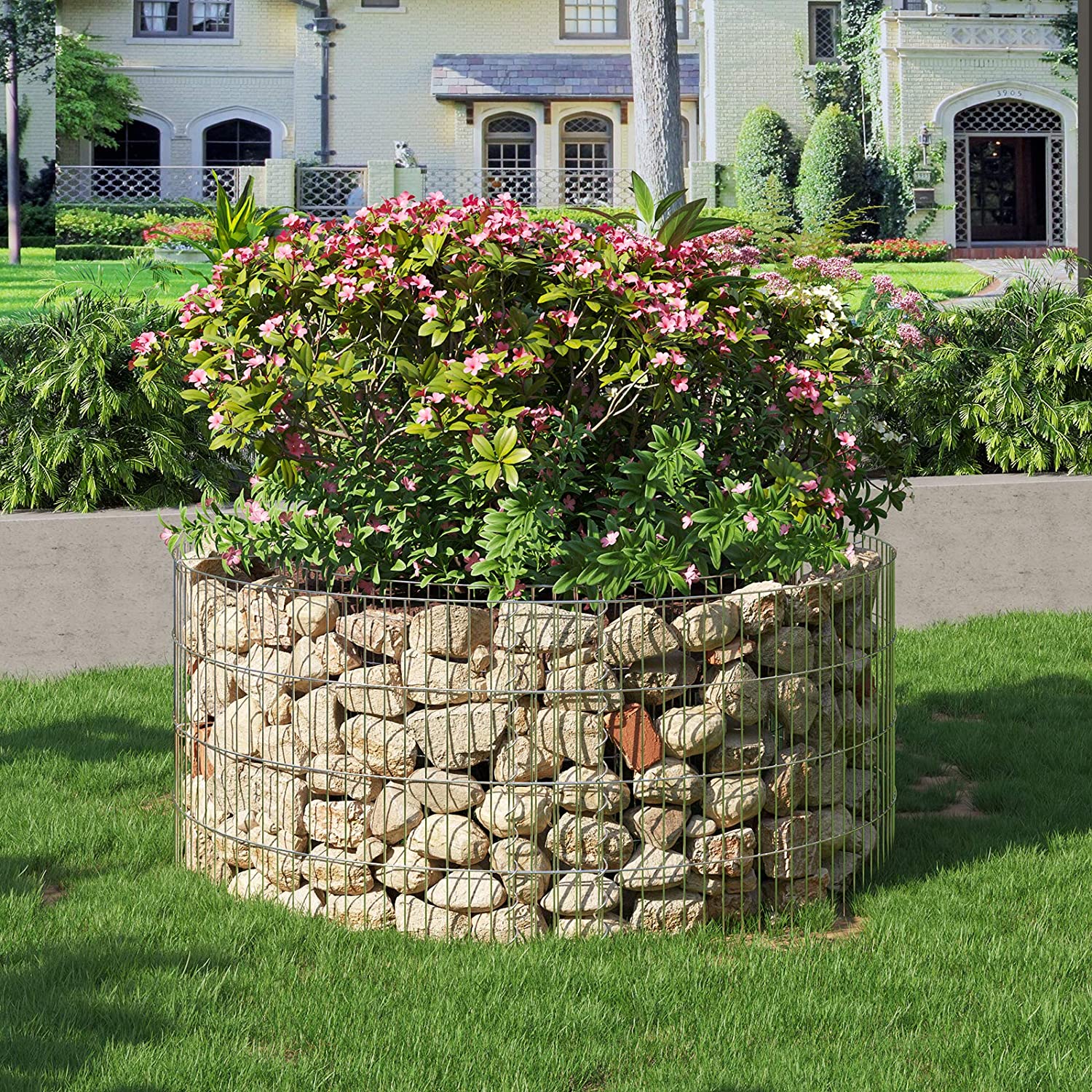 Okrugli ukrasni gabion 90 x 40 cm, rešetka 2,5 x 10 cm, nehrđajući | SONGMICS-vitahome.hr