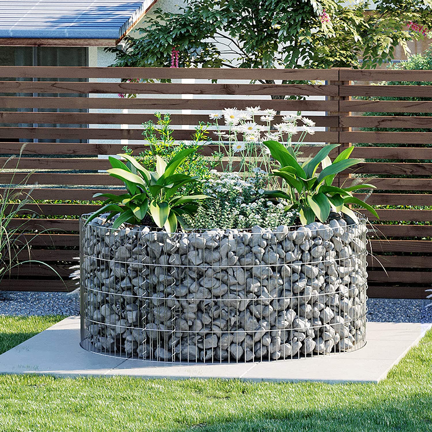 Okrugli ukrasni gabion 90 x 40 cm, rešetka 2,5 x 10 cm, nehrđajući | SONGMICS-vitahome.hr