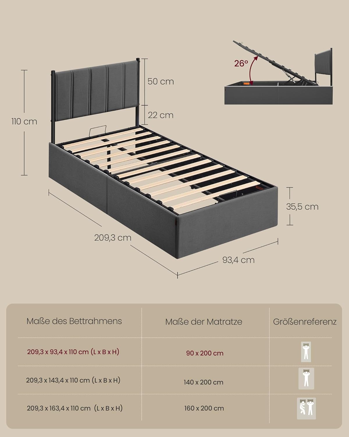 Okvir kreveta s prostorom za pohranu, 180 × 200 cm, sivi