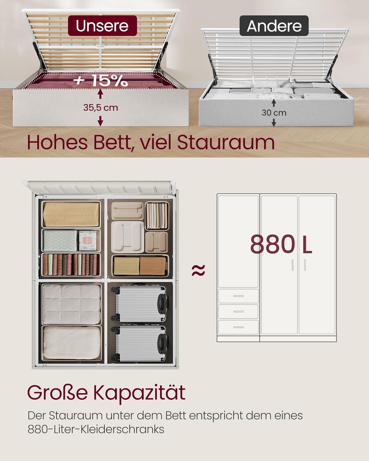 Okvir kreveta s prostorom za pohranu, bračni krevet 140 × 200 cm, bež boje