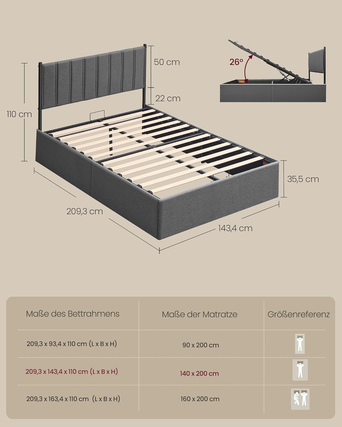 Okvir kreveta s prostorom za pohranu, bračni krevet 140 × 200 cm, sivi