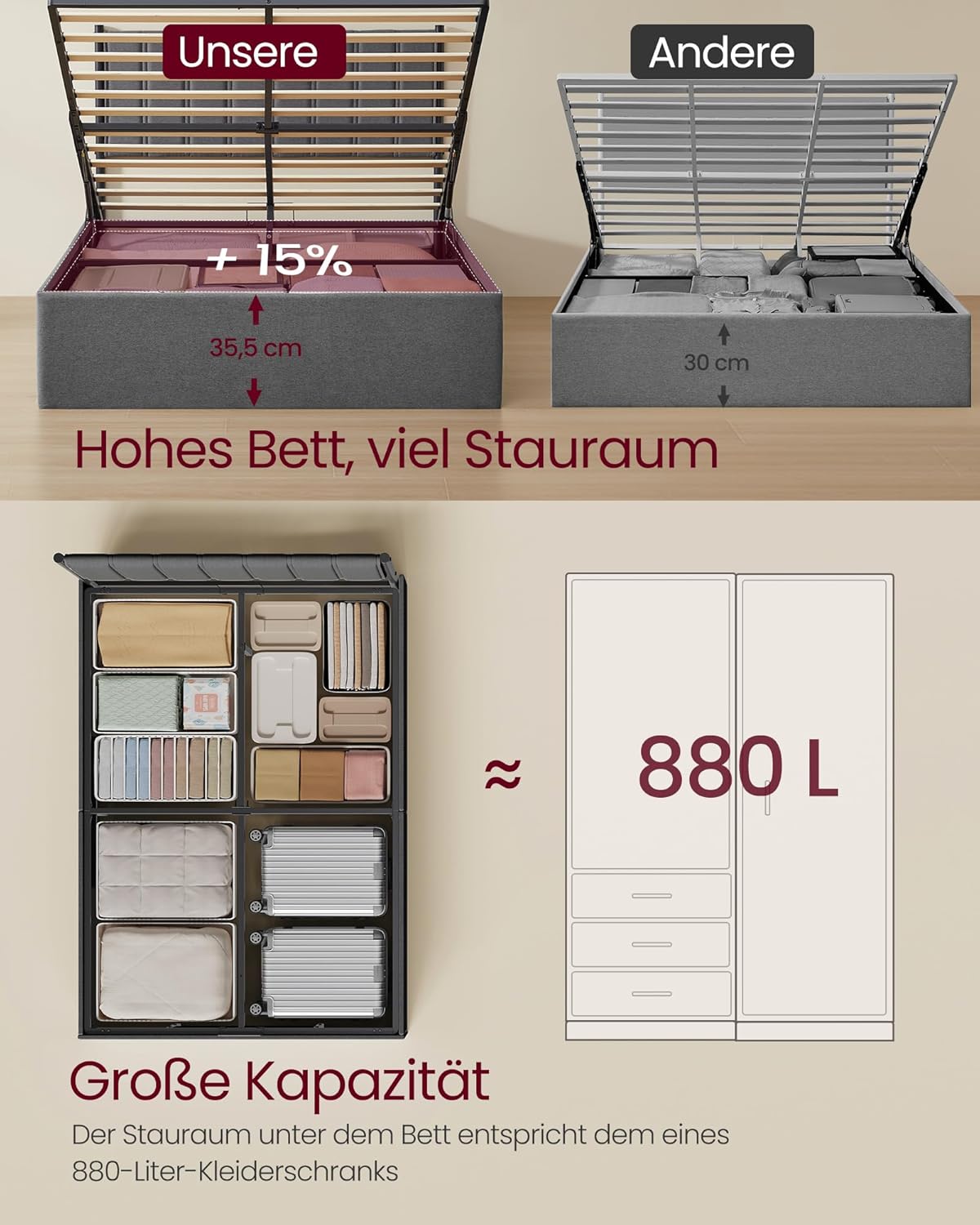 Okvir kreveta s prostorom za pohranu, bračni krevet 140 × 200 cm, sivi