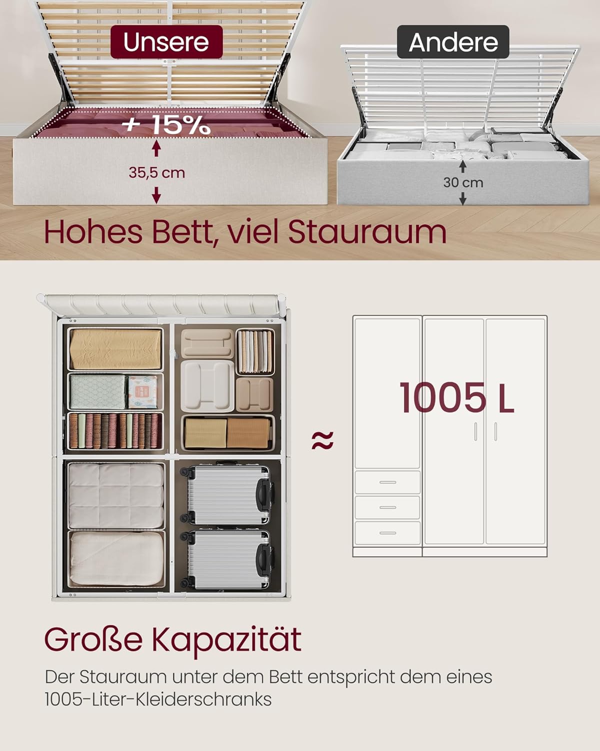 Okvir kreveta s prostorom za pohranu, bračni krevet 160 × 200 cm, bež boje