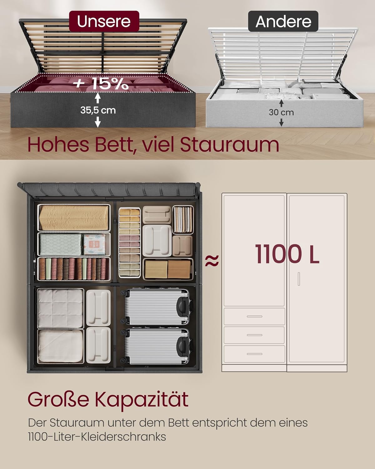 Okvir kreveta s prostorom za pohranu, bračni krevet 180 × 200 cm, sivi