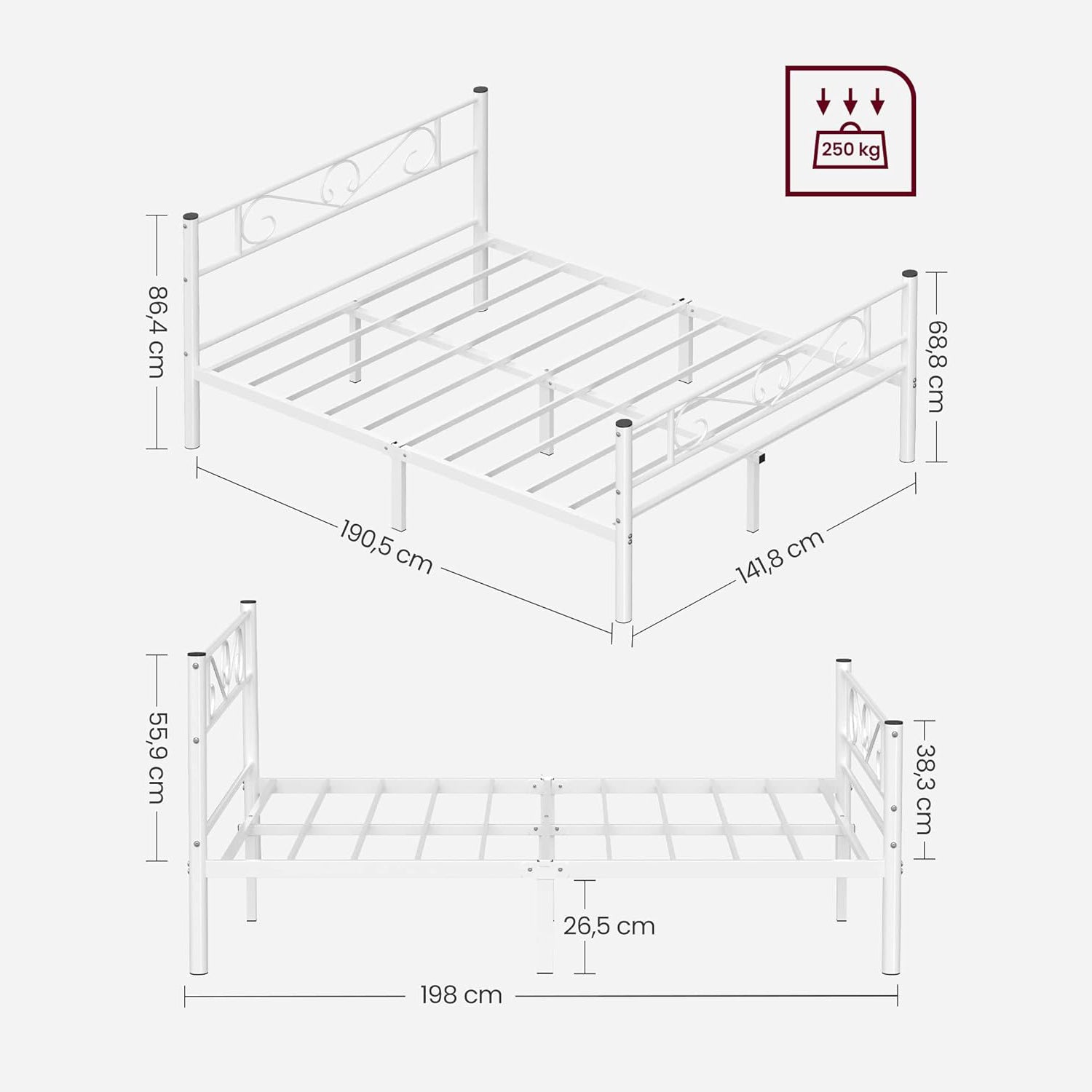Okvir za krevet 140 x 190 cm, bračni krevet od metala, bijela boja | VASAGLE-vitahome.hr