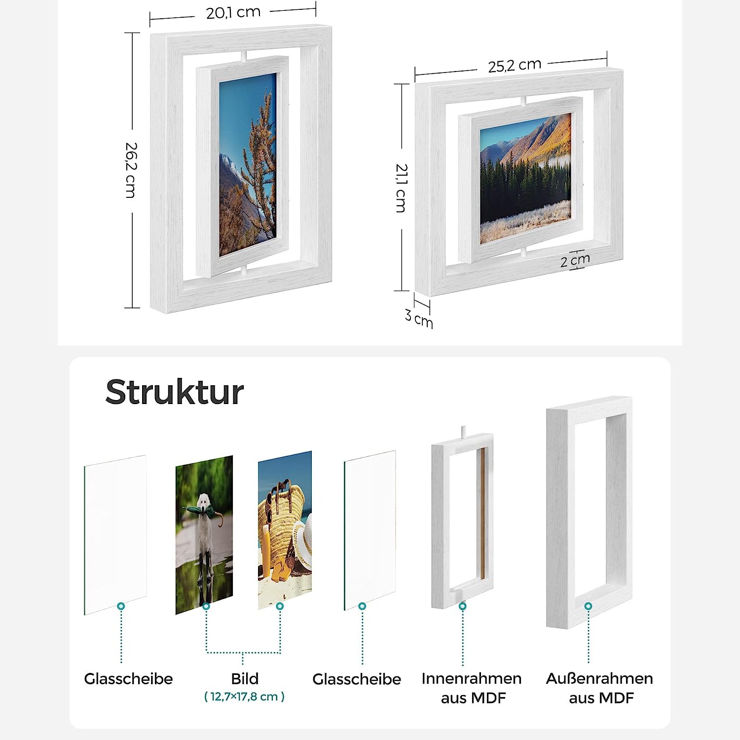 Okvir za slike, rotirajući okvir za slike sa staklom 2 kom, bijeli | SONGMICS-vitahome.hr