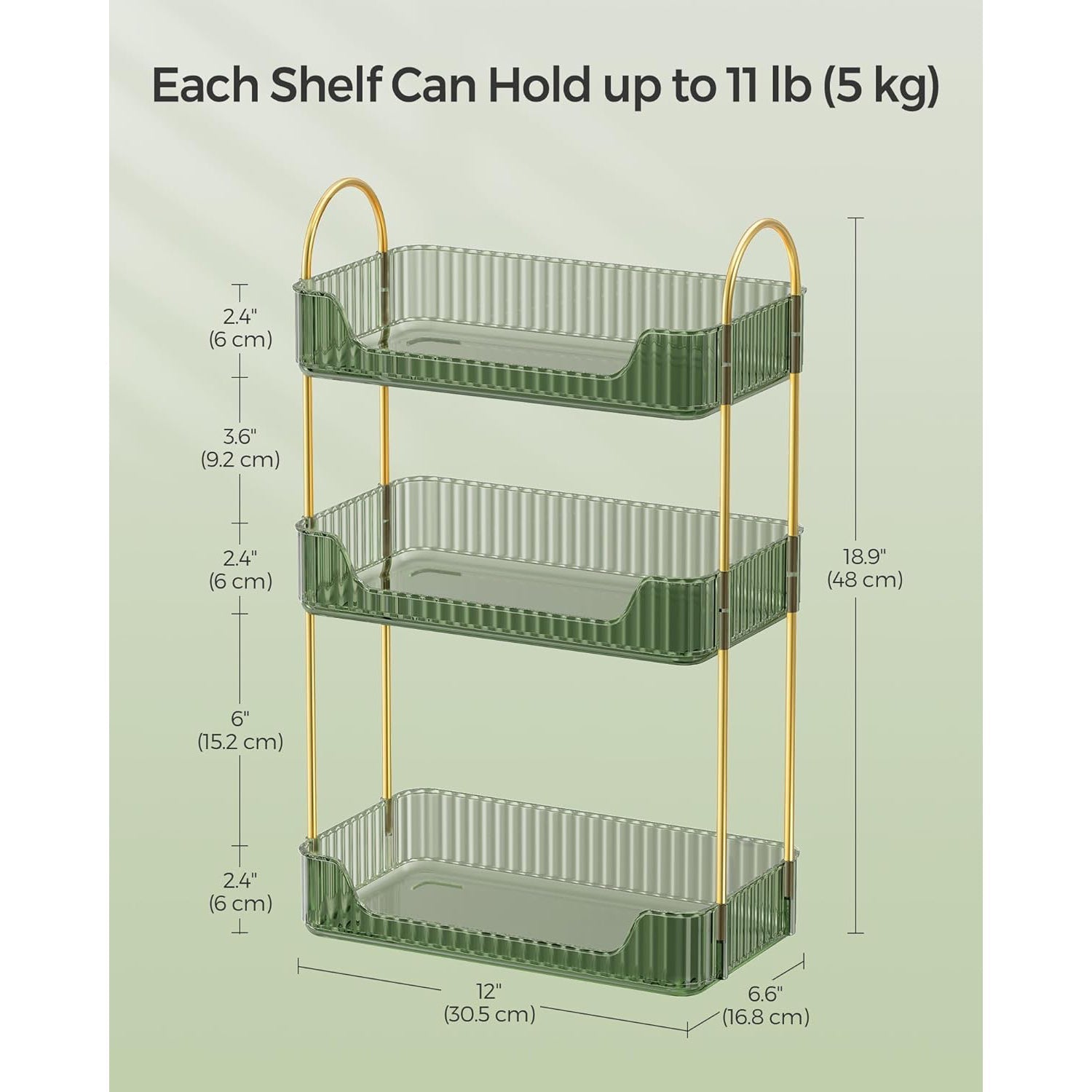 Organizator kozmetike na 3 razine, 30,5 x 16,8 x 48 cm, svjetlo zeleni i zlatni | SONGMICS-vitahome.hr