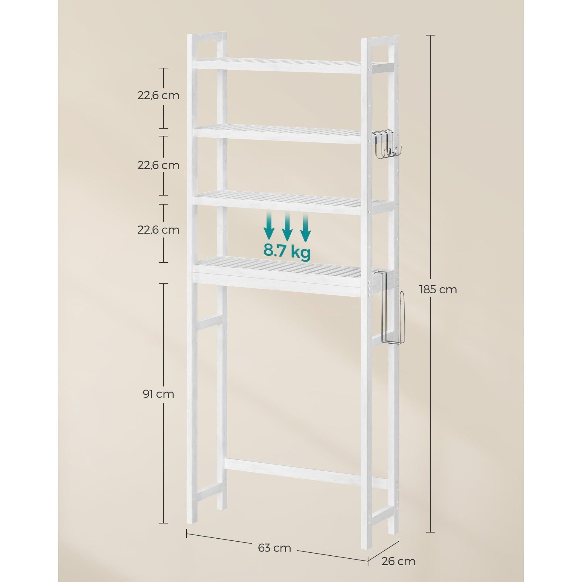 Organizator za kupaonicu iznad WC-a na 4 razine, 26 x 63 x 185 cm, bijeli | SONGMICS-vitahome.hr
