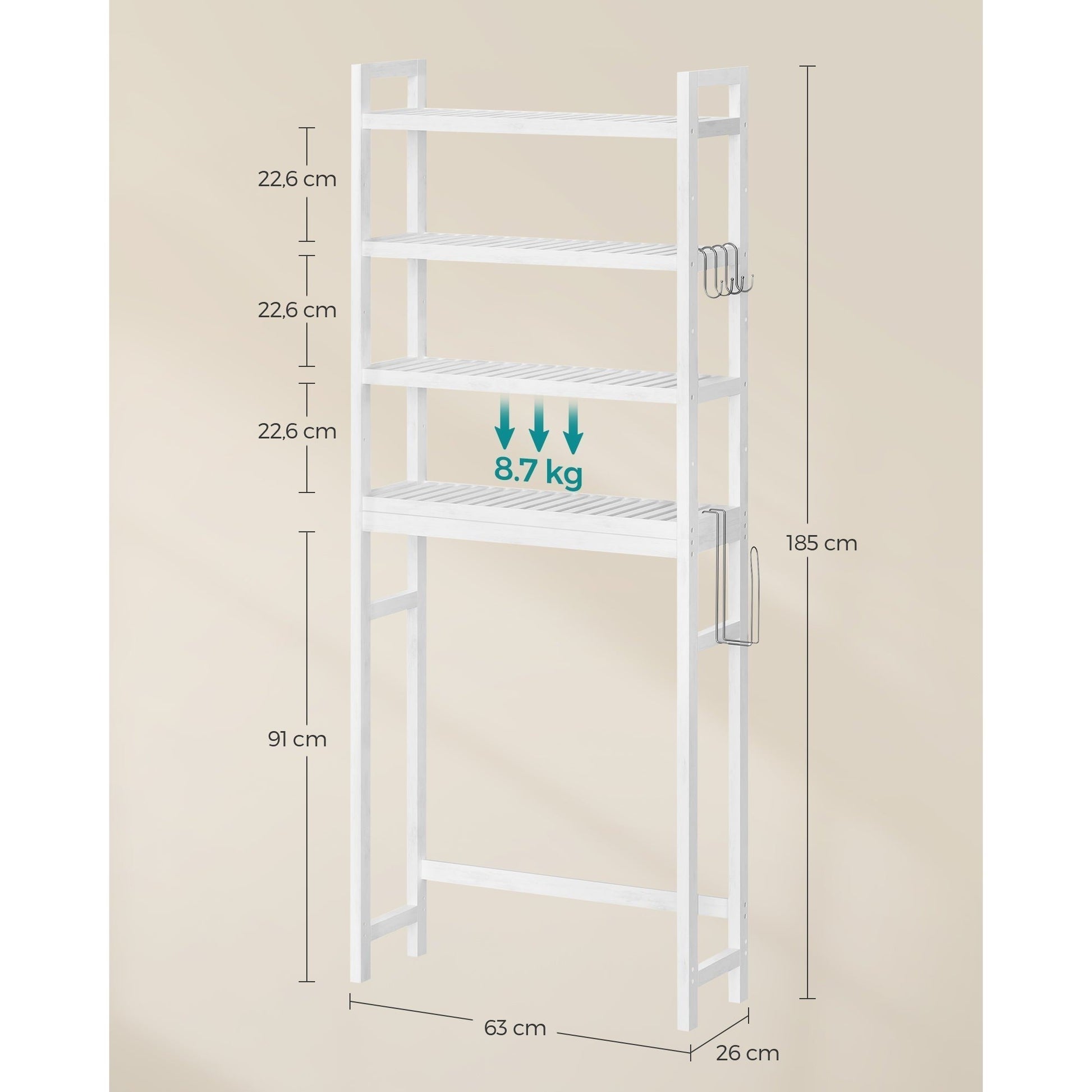 Organizator za kupaonicu iznad WC-a na 4 razine, 26 x 63 x 185 cm, bijeli | SONGMICS-vitahome.hr