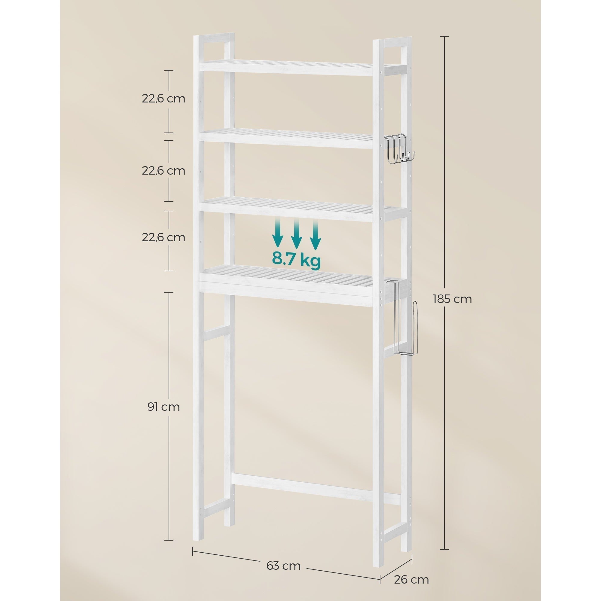 Organizator za kupaonicu iznad WC-a na 4 razine, 26 x 63 x 185 cm, bijeli | SONGMICS-vitahome.hr