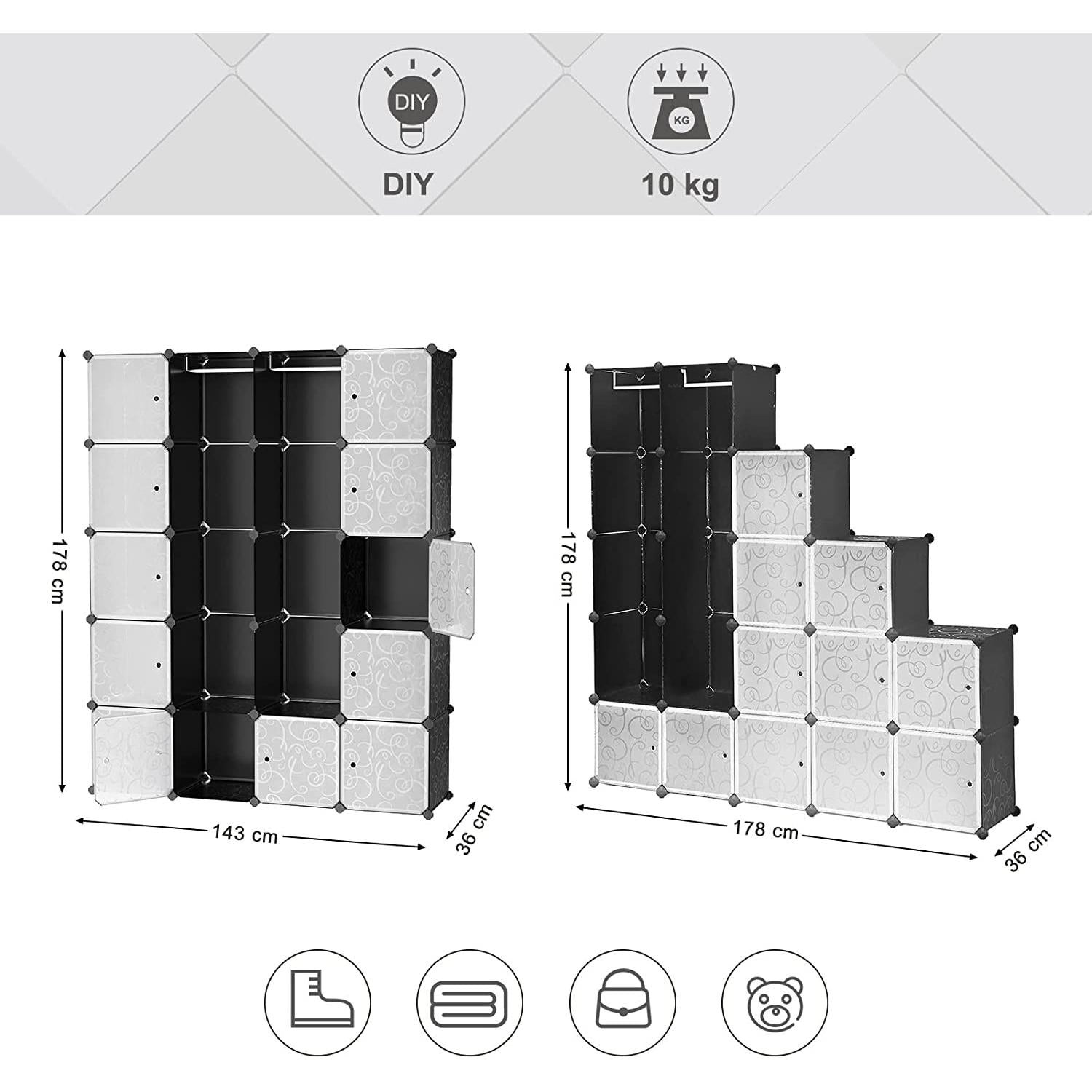 Ormar s 2 šipke za odjeću, modularni kombinirani ormar, 143 x 36 x 178 cm | SONGMICS-vitahome.hr