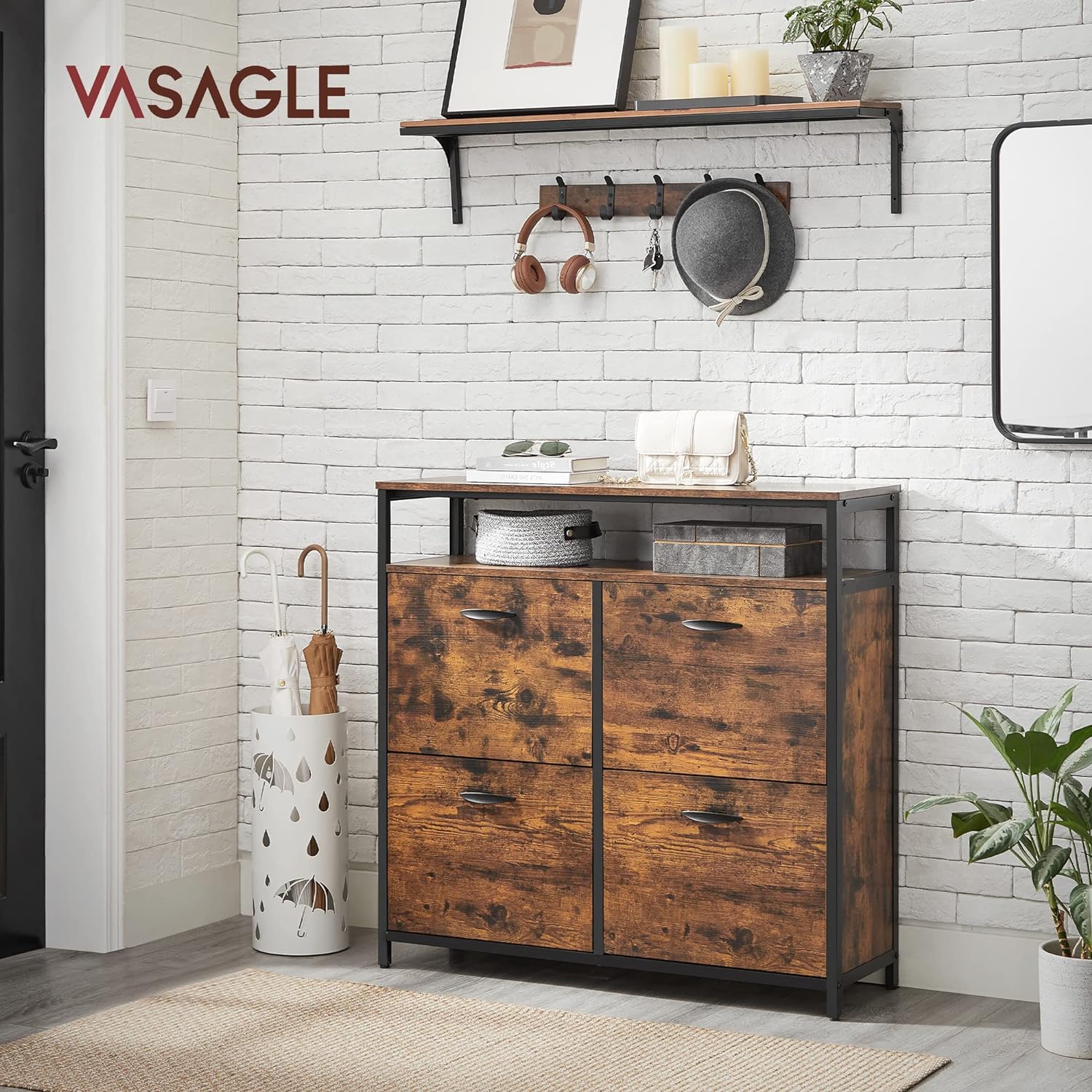 Ormar s 4 pretinca za cipele i policom na 2 razine, 98x30x95cm, rustikalno smeđi | VASAGLE-vitahome.hr