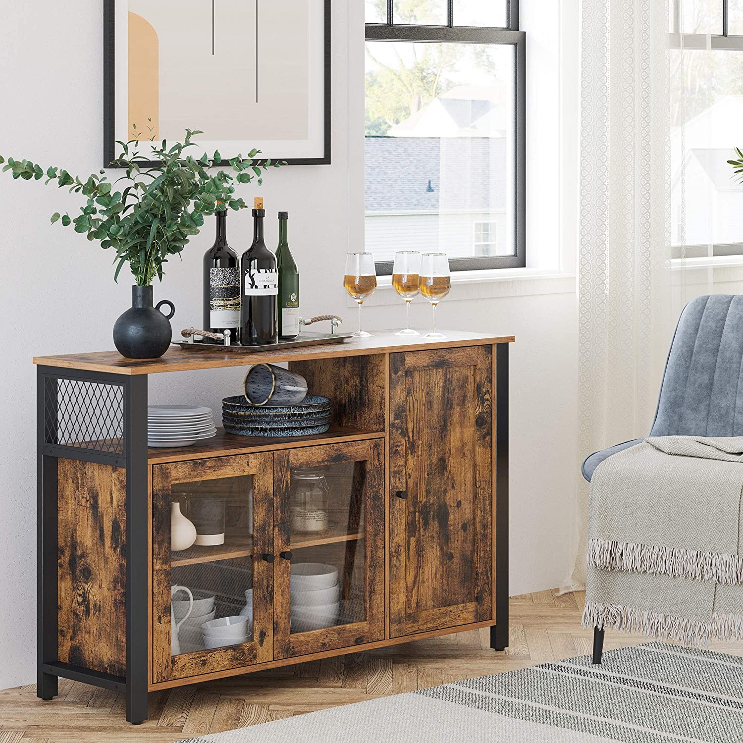 Ormar za odlaganje, švedski stol s 3 vrata, 110 x 75 x 33 cm, rustikalno smeđa i crna | Vasagle-vitahome.hr