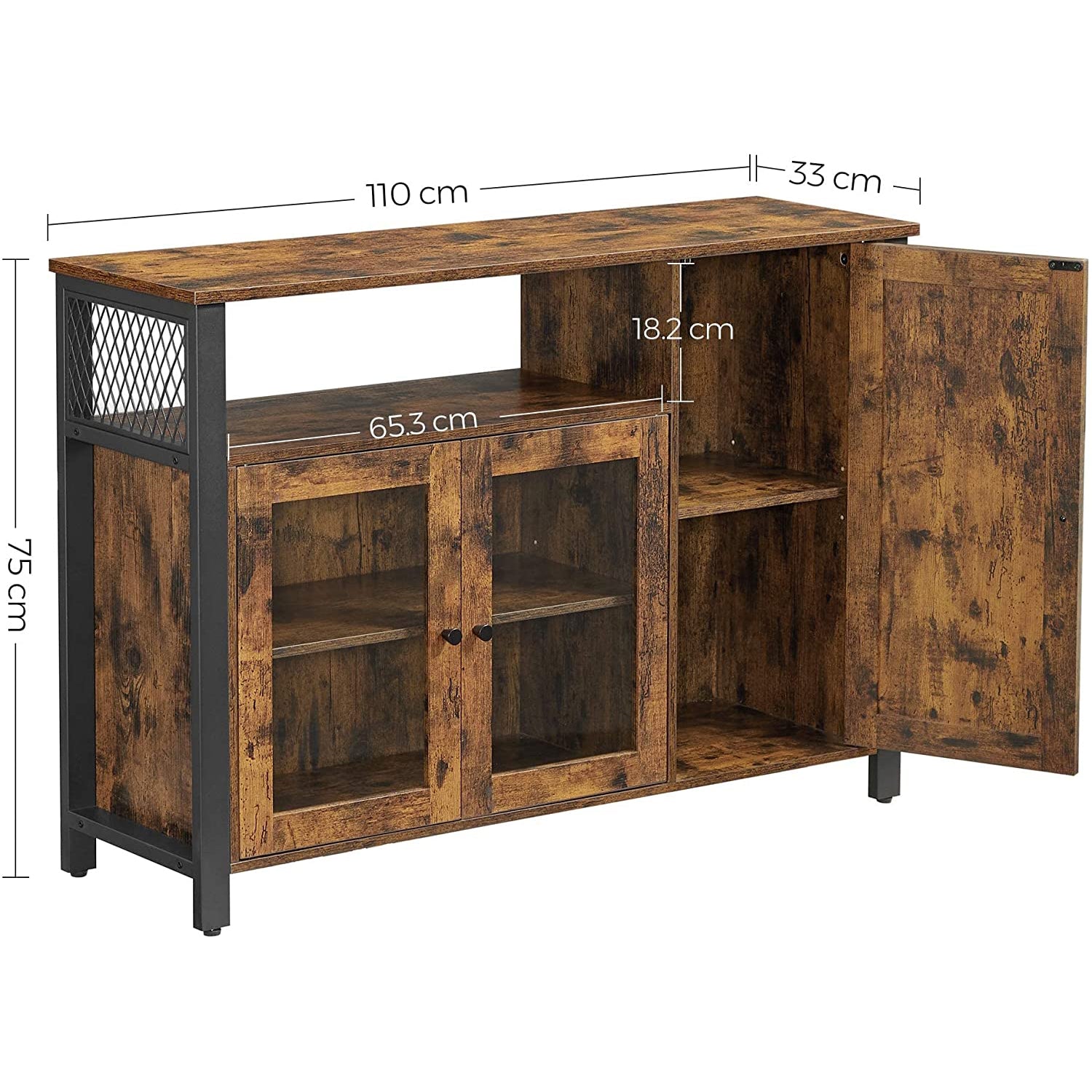 Ormar za odlaganje, švedski stol s 3 vrata, 110 x 75 x 33 cm, rustikalno smeđa i crna | Vasagle-vitahome.hr