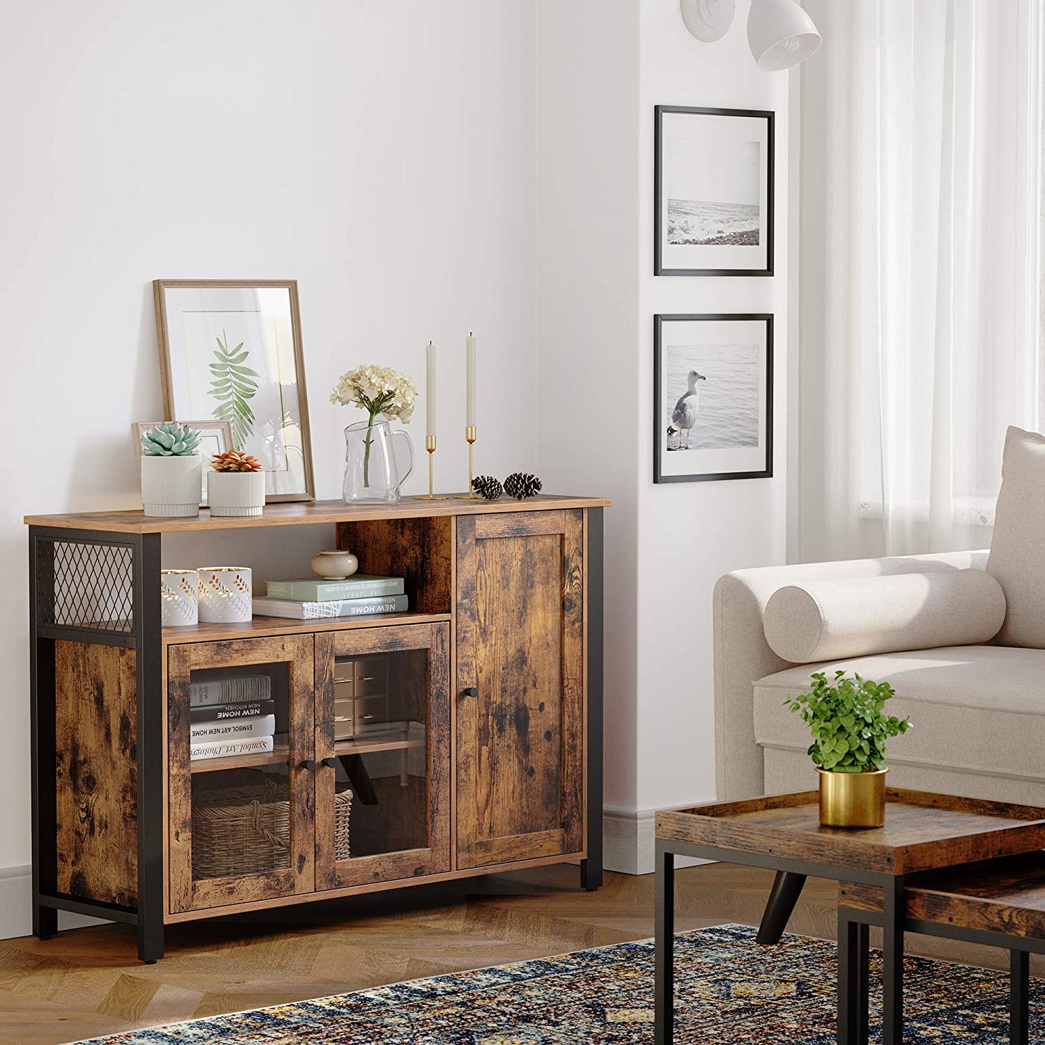 Ormar za odlaganje, švedski stol s 3 vrata, 110 x 75 x 33 cm, rustikalno smeđa i crna | Vasagle-vitahome.hr