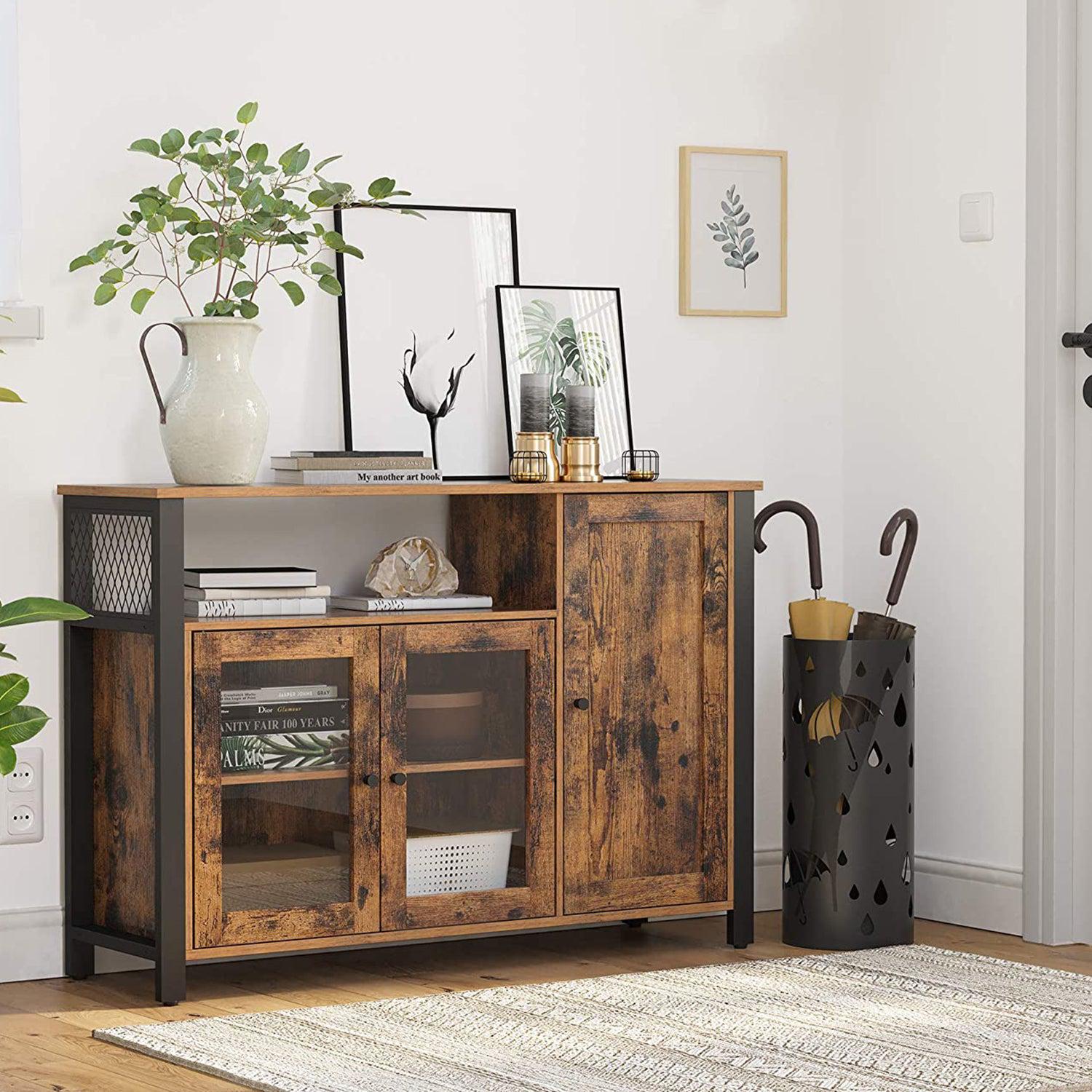 Ormar za odlaganje, švedski stol s 3 vrata, 110 x 75 x 33 cm, rustikalno smeđa i crna | Vasagle-vitahome.hr