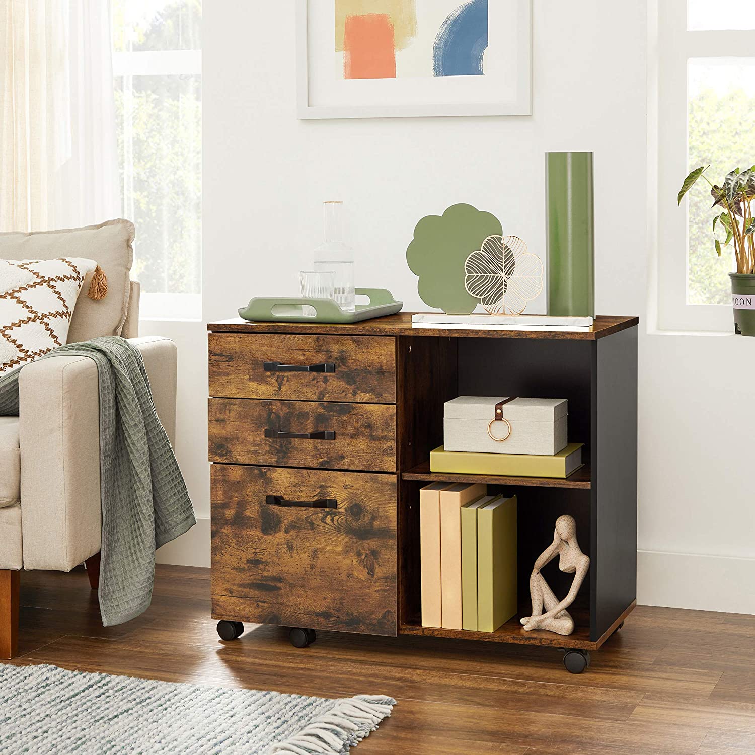 Ormar za spise s 3 ladice, uredski spremnik 80 x 66 x 40 cm, rustikalno smeđa | VASAGLE-vitahome.hr