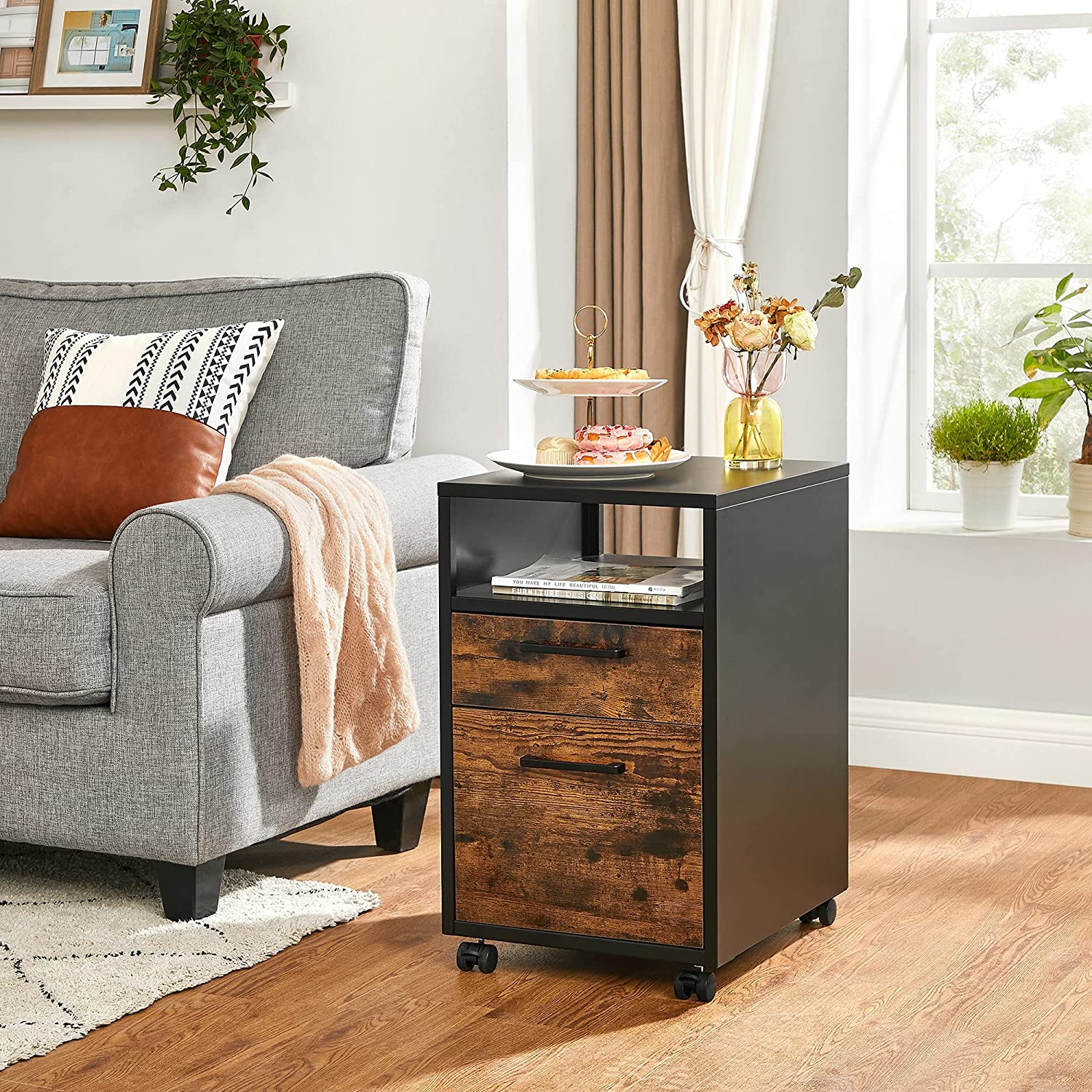 Ormar za spise, Uredski ormar s 2 ladice, 39 x 64 x 46 cm, rustikalno smeđa i crna | SONGMICS-vitahome.hr
